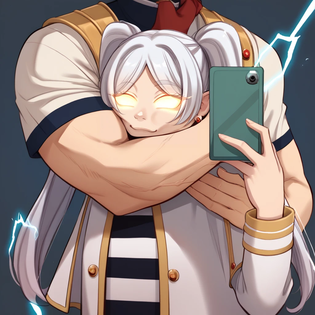 score_9, score_8_up, score_7_up, source_anime, 1boy, 1girl, FlxngArndHdMeme, selfie, hug, hug from behind, holding phone, muscular, close-up, flexing, <lora:FlexingAroundHeadMeme_pdxl_Incrs_v1:1>, <lora:KYS_XLPD:1> IncrsLowTier, glowing eyes, no eyes, electricity, <lora:ChamFrierenPonyXLCame:0.85>, FrierenBase, white hair, long hair, twintails, earrings, white capelet, striped shirt, long sleeves,