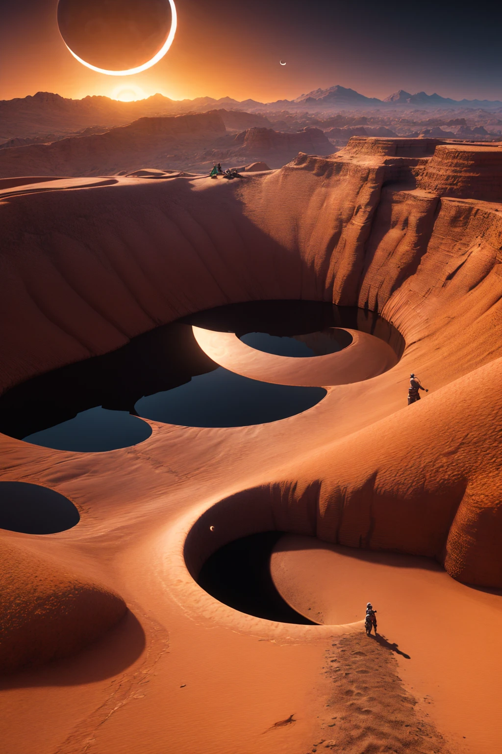 (masterpiece, best quality:1.2), highly detailed, unreal engine render, intricate, ultra hd, landscape, nature, mountains, desert, (solar eclipse:1.3)