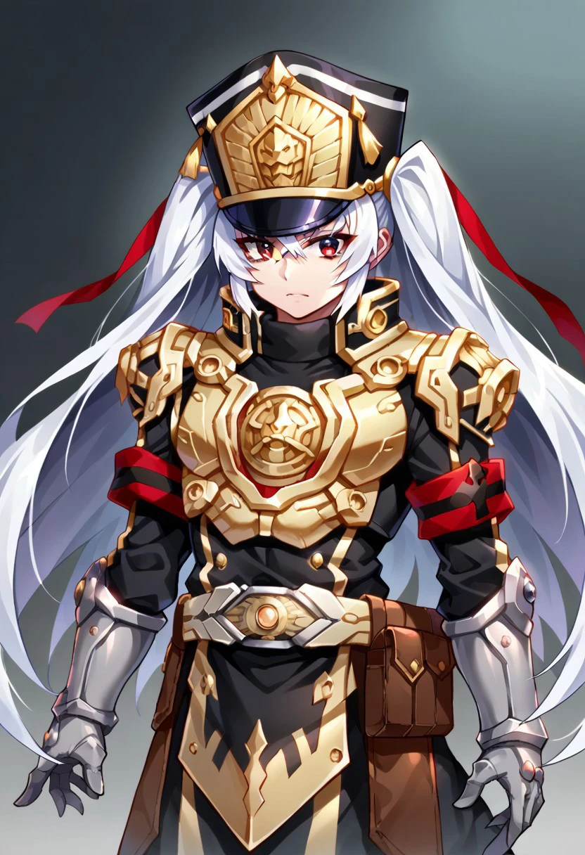 score_9, score_8, score_7, source, anime, solo, armor, tokusatsu, bodysuit, rider belt, rcaltair, white hair, twintails, shako cap, military uniform, black jacket, high collar, epaulettes, armband, gauntlets, grey gloves, gold armor, black bodysuit, regad