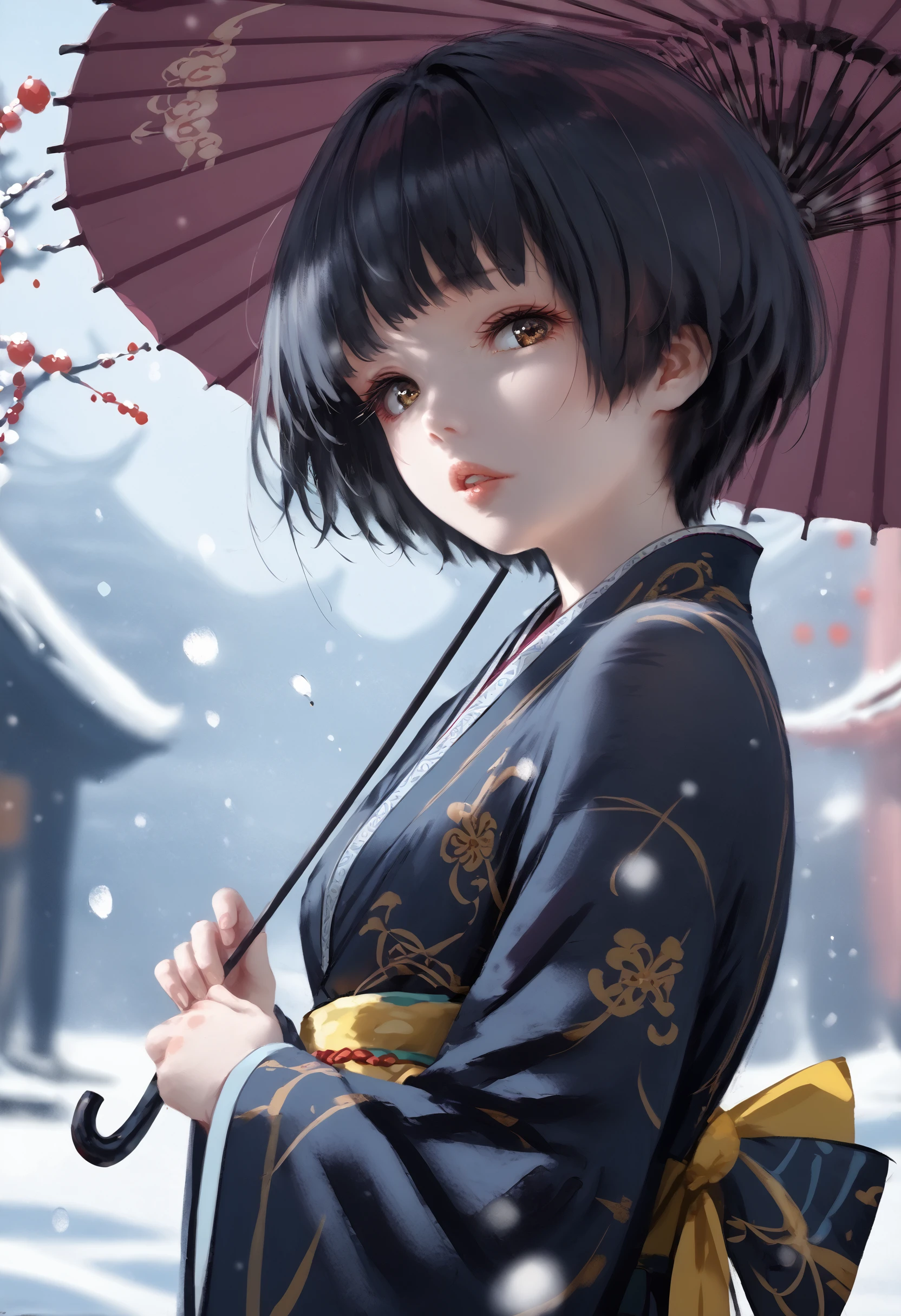 score_9_up, score_8_up, score_7_up, umbrella, solo, japanese clothes, 1girl, short hair, kimono, snowing, holding umbrella, holding, parted lips, looking at viewer, snow, oil-paper umbrella, blurry, brown eyes, black hair, wide sleeves, bangs, upper body, outdoors, lips, blurry background, long sleeves
<lora:wlop_style_pony_retry_d32:1>