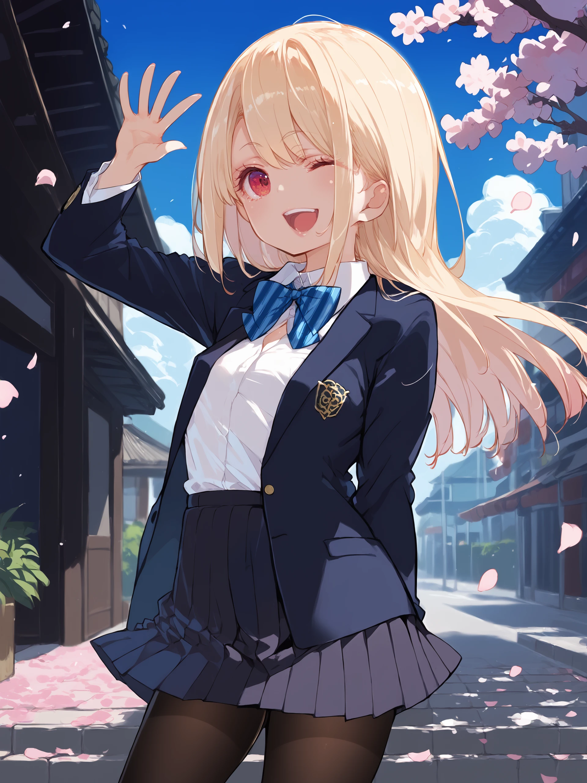 1girl, amane lily, solo, white shirt, collared shirt, pleated skirt, striped bowtie, blazer, black pantyhose, standing, cowboy shot, smile, open mouth,  looking at viewer, waving, outdoors, street, cherry blossoms, petals, depth of field score_9, score_8_up, score_7_up, source_anime,  <lora:Char-AmaneLily-Pony-V1:1> small breasts