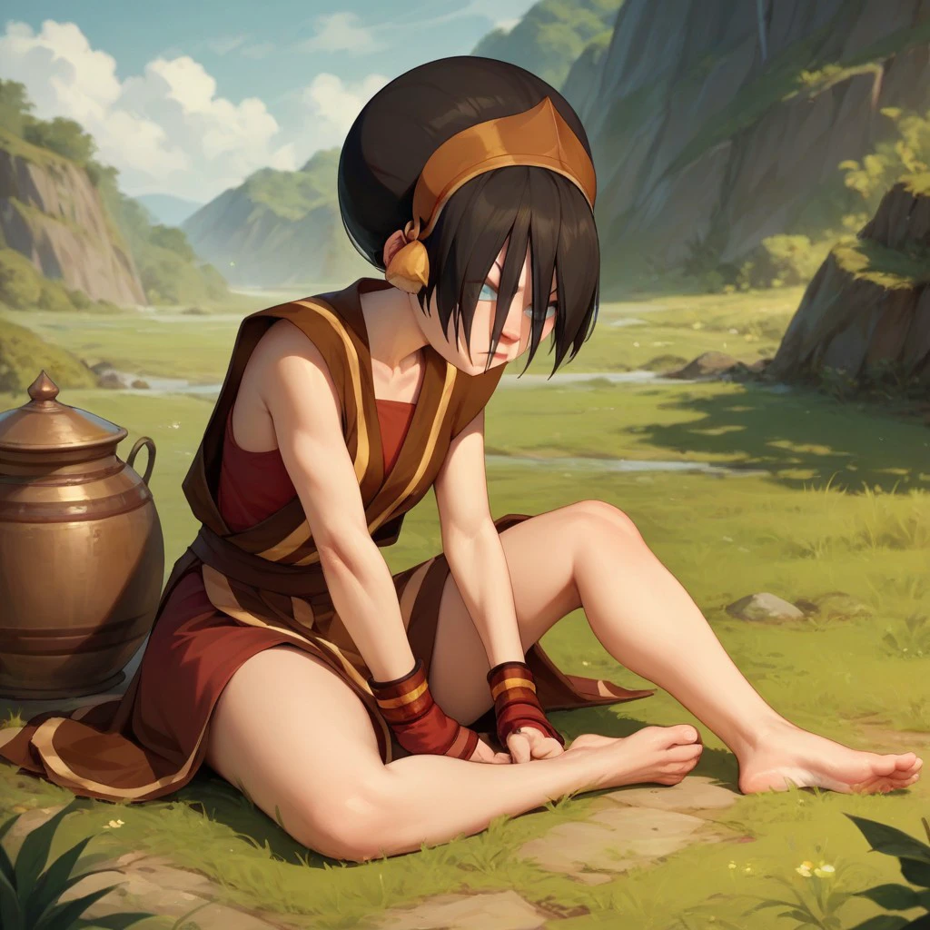 score_9, score_8_up, score_7_up, score_6_up, score_5_up, score_4_up, 1girl, Toph, blind, sitting on the ground, barefoot,