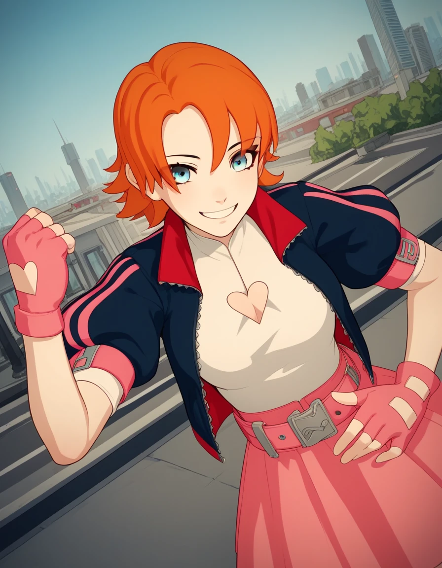 score_9, score_8_up, score_7_up, source_anime, <lora:nora-valkyrie-ponyxl-lora-nochekaiser:1>, nora valkyrie, blue eyes, medium hair, orange hair,, skirt, shirt, gloves, jacket, short sleeves, open clothes, puffy sleeves, belt, fingerless gloves, open jacket, puffy short sleeves, clothing cutout, cleavage cutout, pink skirt, pink gloves, heart cutout, cityscape, street, bent over, smile, looking at viewer, solo, cowboy shot, dutch angle