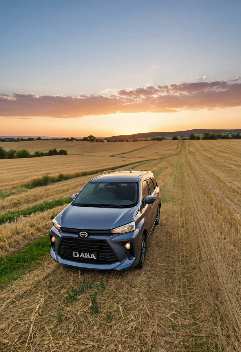 high resolution, best quality, Car, Daihatsu Xenia, Countryside barn, hay fields, sunset,