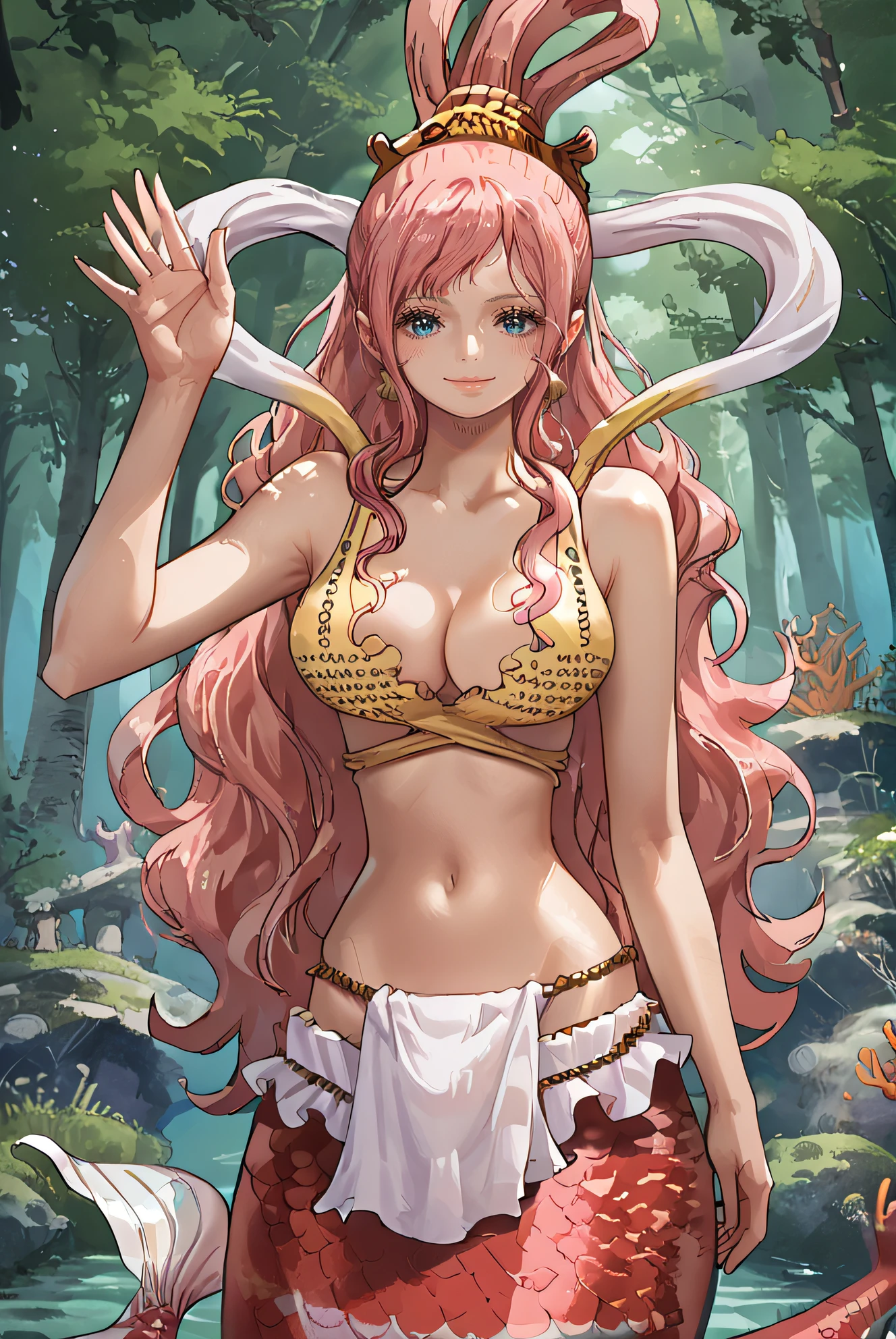 score_9, score_8_up, source_anime,
shirahoshi, very long hair, pink hair, hair rings, hair ornament, mermaid,
navel, cleavage, hagoromo, mermaid bikini, loincloth,
seductive smile, looking at viewer, forest, tree, waving, hand on hip,
<lora:Smooth Style 2 SDXL_LoRA_Pony Diffusion V6 XL:0.8> <lora:shirahoshi:1>