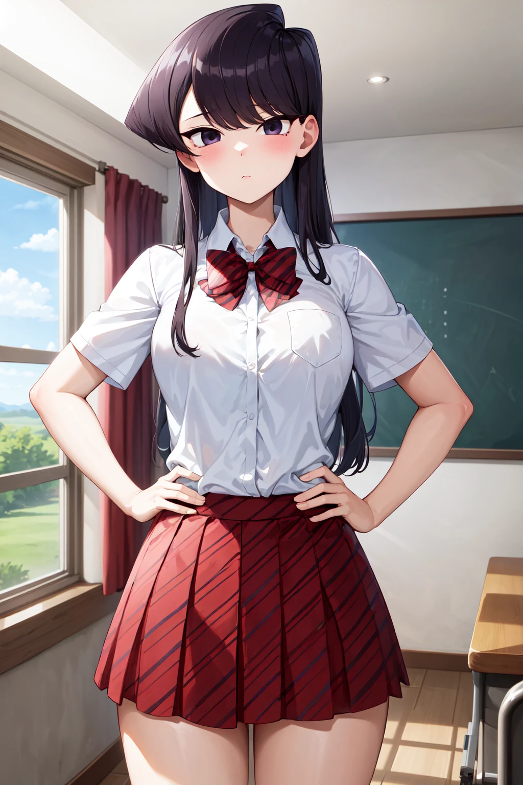 masterpiece, best quality, highres, aashouko, long hair, breasts, school uniform, striped bowtie, red bowtie, collared shirt, white shirt, short sleeves, pleated skirt, striped skirt, red skirt, <lora:komi_shouko_v1:0.7>, hands on hips, frown, indoors