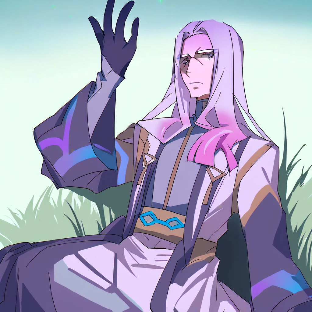 score_9, rating_safe, 1boy, male focus, pink eyes, solo, long hair, pink hair, white hair, gradient hair, black gloves, white jacket, grey shirt, eyelashes, mature male, sitting, grass, on grass, outdoors, arm up, spread fingers,