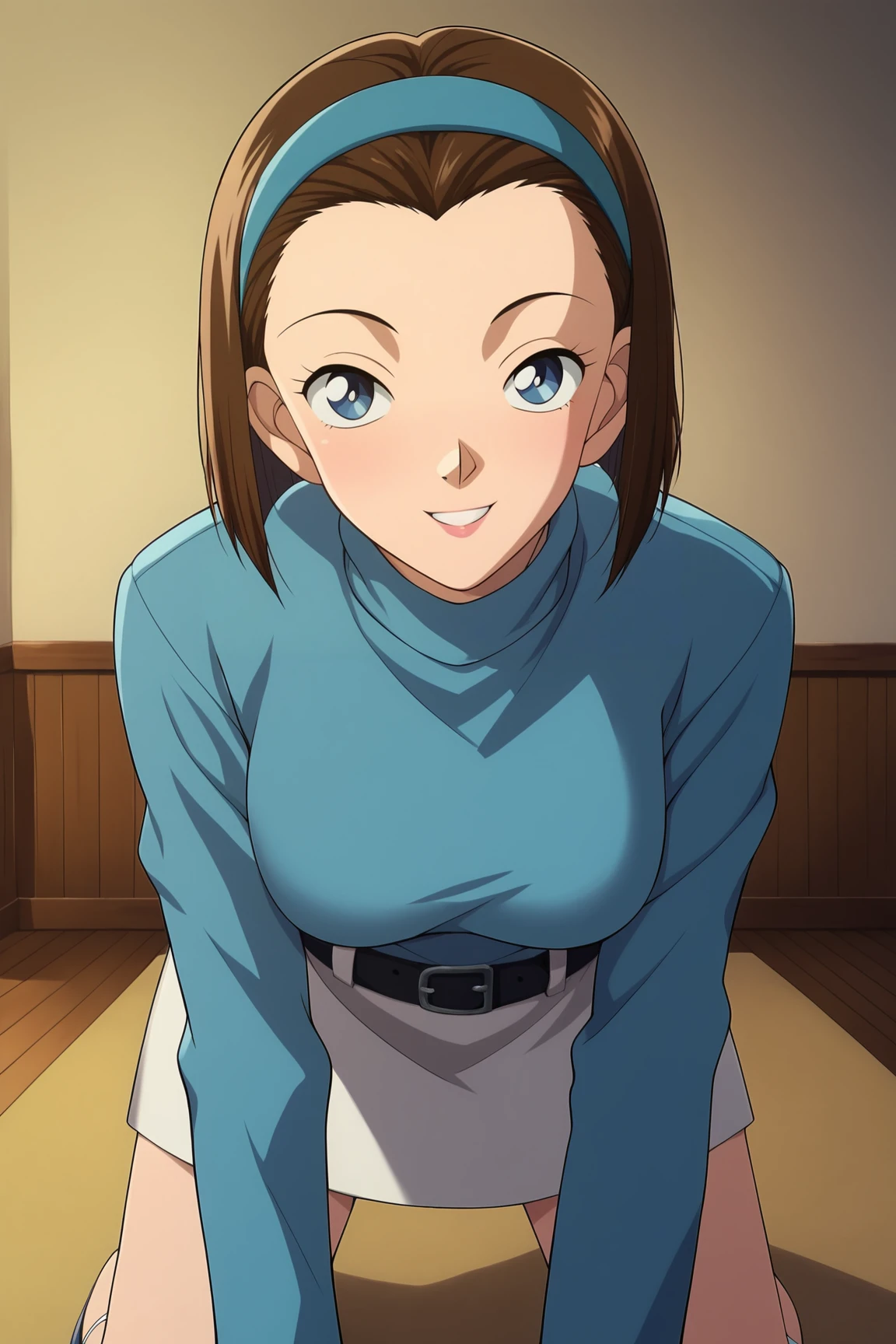 score_9, score_8_up, score_7_up, score_6_up, BREAK, SonokoSuzukiDCXL, 1990s (style), blue eyes, brown hair, short hair, bob cut, forehead, blue hairband, medium breasts, turtleneck, blue sweater, long sleeves, black belt, white skirt, solo, all fours, seductive smile, looking at viewer, indoors  <lora:SonokoSuzukiDCXL:0.8>