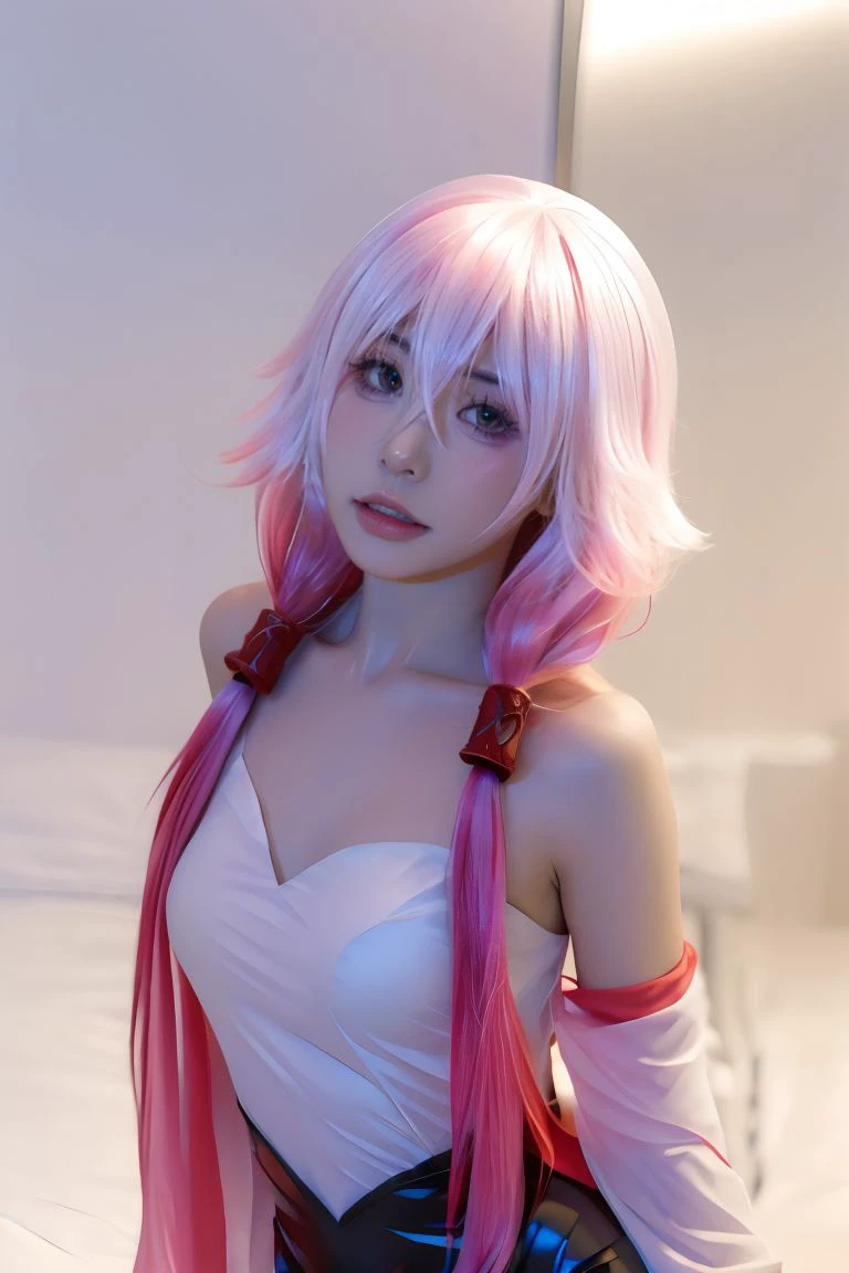 1girl, solo, medium breasts, looking at viewer, realistic, photorealistic, long hair, pink hair, lips, hair between eyes, bare shoulders, hair ornament, yuzuriha inori, parted lips, hyper detailed, super sharp, crisp, smooth, smooth gradients, depth of field, (in studio: 1.1), (white background: 1.1), <lora:nekoyoshi_guiltycrown:1>, <lora:breastsizeslideroffset:-0.25>, <lora:add_detail_v5:1>, guilty crown, dress