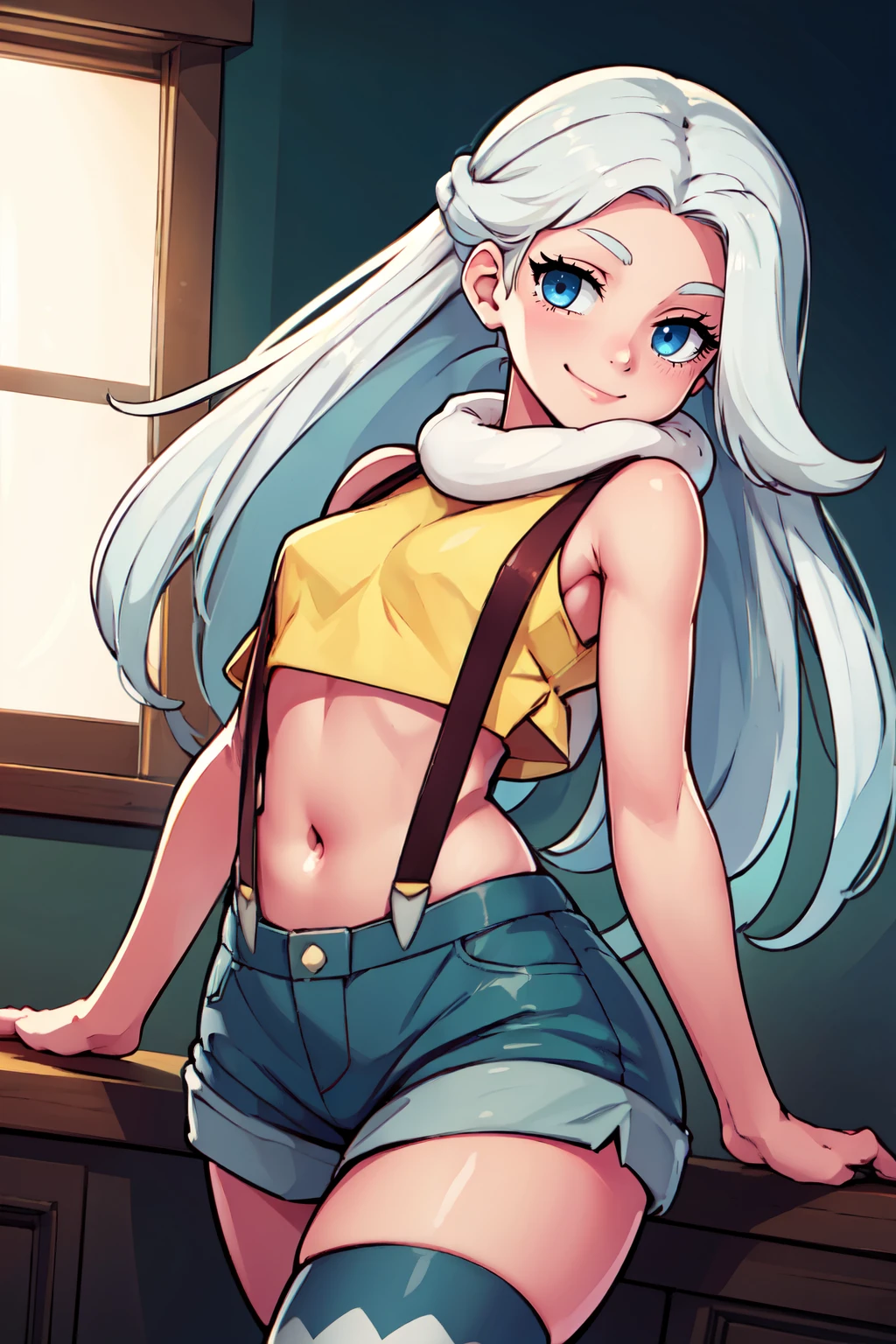 ((masterpiece,best quality)), absurdres,  BREAK,, <lora:Melony_Pokemon:0.8>, melony (pokemon), blue eyes, white hair, long hair,  , BREAK,  <lora:Misty_Pokemon_Cosplay_v3:0.8>,  misty (pokemon) (cosplay), yellow crop top, suspenders,, BREAK, solo, smile, looking at viewer, cowboy shot,