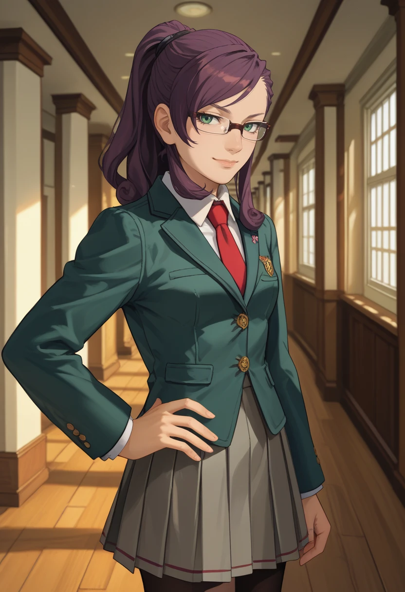 score_9, score_8_up, score_7_up, source_anime, solo, 1girl, eve belduke, slight smile, looking at viewer, standing, hand on own hip, purple hair, ponytail, green eyes, glasses, school uniform, grey jacket, blazer, white shirt, collared shirt, red necktie, grey skirt, black pantyhose, indoors, hallway <lora:laytonVSpw_darklaw_ponyXL:1>