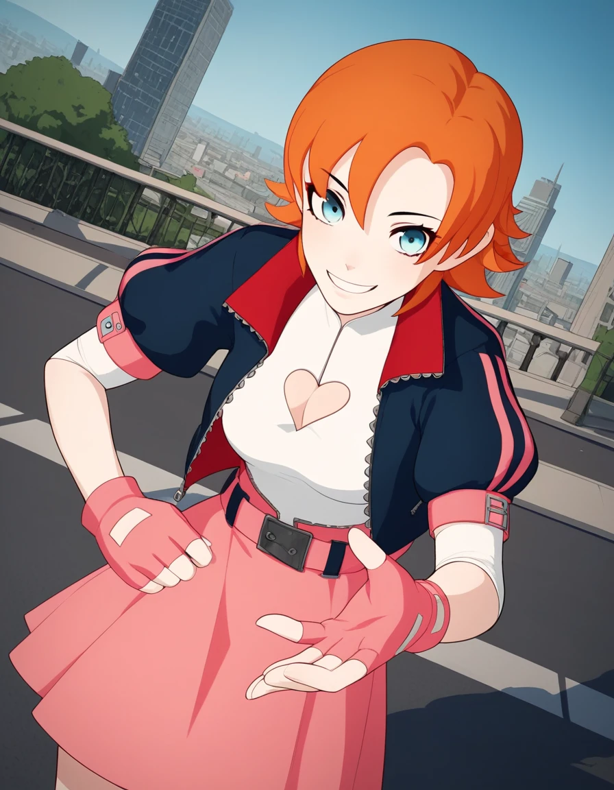 score_9, score_8_up, score_7_up, source_anime, <lora:nora-valkyrie-ponyxl-lora-nochekaiser:1>, nora valkyrie, blue eyes, medium hair, orange hair,, skirt, shirt, gloves, jacket, short sleeves, open clothes, puffy sleeves, belt, fingerless gloves, open jacket, puffy short sleeves, clothing cutout, cleavage cutout, pink skirt, pink gloves, heart cutout, cityscape, street, bent over, smile, looking at viewer, solo, cowboy shot, dutch angle