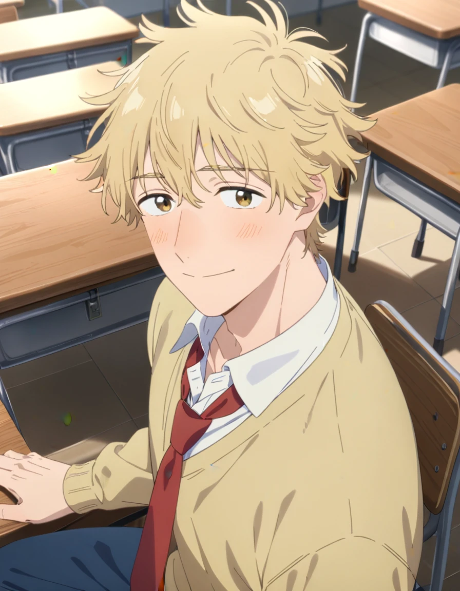 1boy, solo, male only, male focus, portrait, shima sousuke, blonde hair, brown eyes, yellow sweater, blue pants, collared shirt, white shirt, red necktie, outdoors, looking at viewer, facing viewer, classroom, school desk, masterpiece, best quality, very aesthetic, absurdres, very detailed, sensitive,