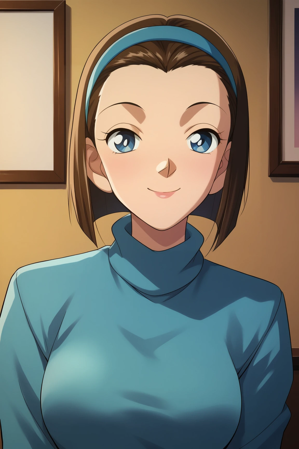 score_9, score_8_up, score_7_up, score_6_up, BREAK, SonokoSuzukiDCXL, 1990s (style), blue eyes, brown hair, short hair, bob cut, forehead, blue hairband, medium breasts, turtleneck, blue sweater, long sleeves, solo, front view, (portrait, upper body:1.1), solo focus, seductive smile, looking at viewer, indoors  <lora:SonokoSuzukiDCXL:0.8>