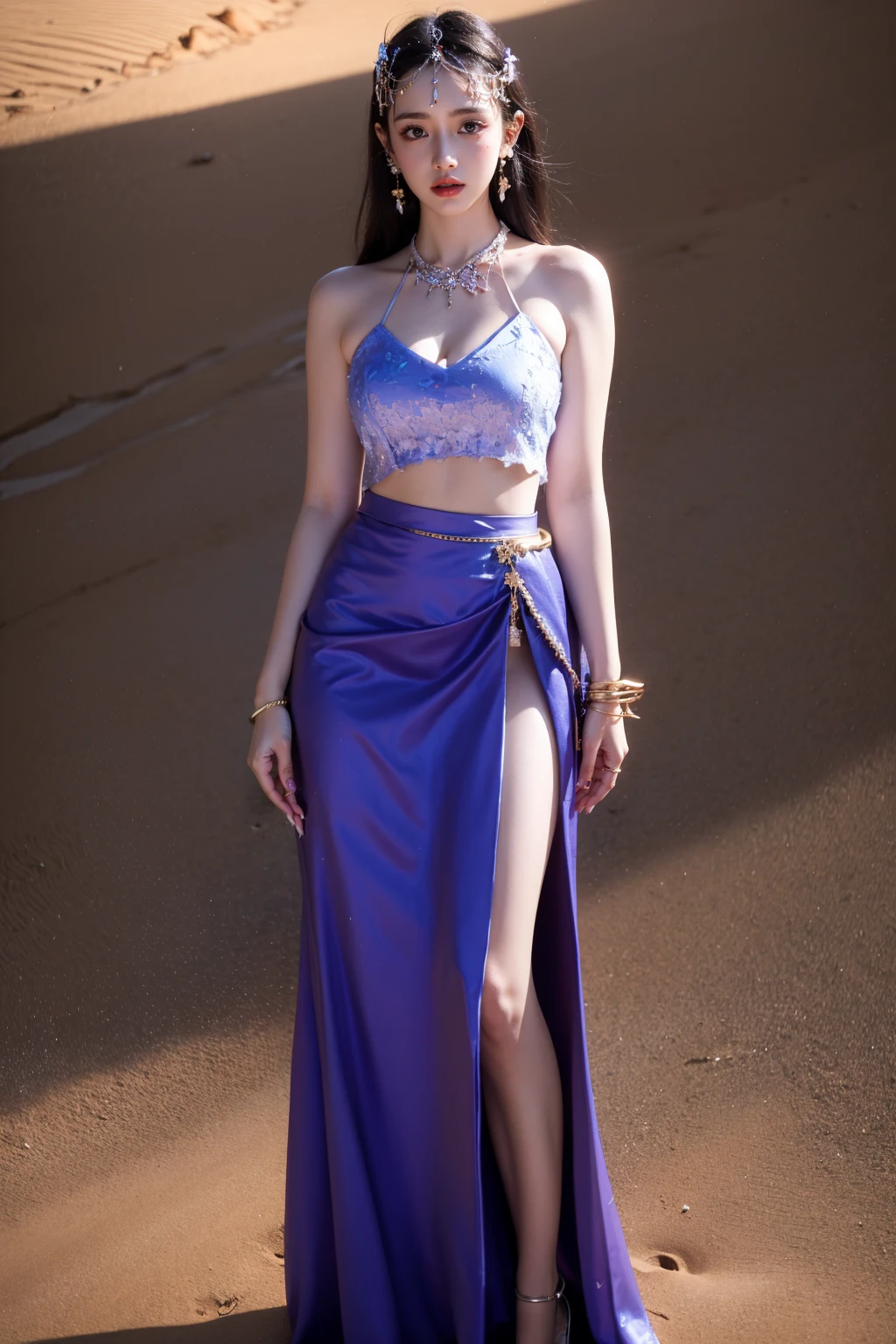 photorealistic,realistic,photography,masterpiece,best quality,ultra-detailed,extremely detailed CG unity 8k wallpaper,(reality: 1.4),1girl,solo, full body,standing,skirt,black hair,hair ornament,jewelry,earrings,necklace,bracelet,ring,long skirt,sand,desert,purple princess, Western Regions, <lora:JAY - PRINCESS WESTEM REGIONS:1>