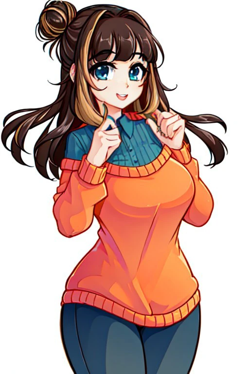 peanutcrushcrush, solo, 1girl, blue eyes, blue shirt, orange shoulder sweater, pants, brown hair, multicolored hair, long hair, single hair bun, thick thighs, simple background, blank background, looking at viewer, HD, 4K