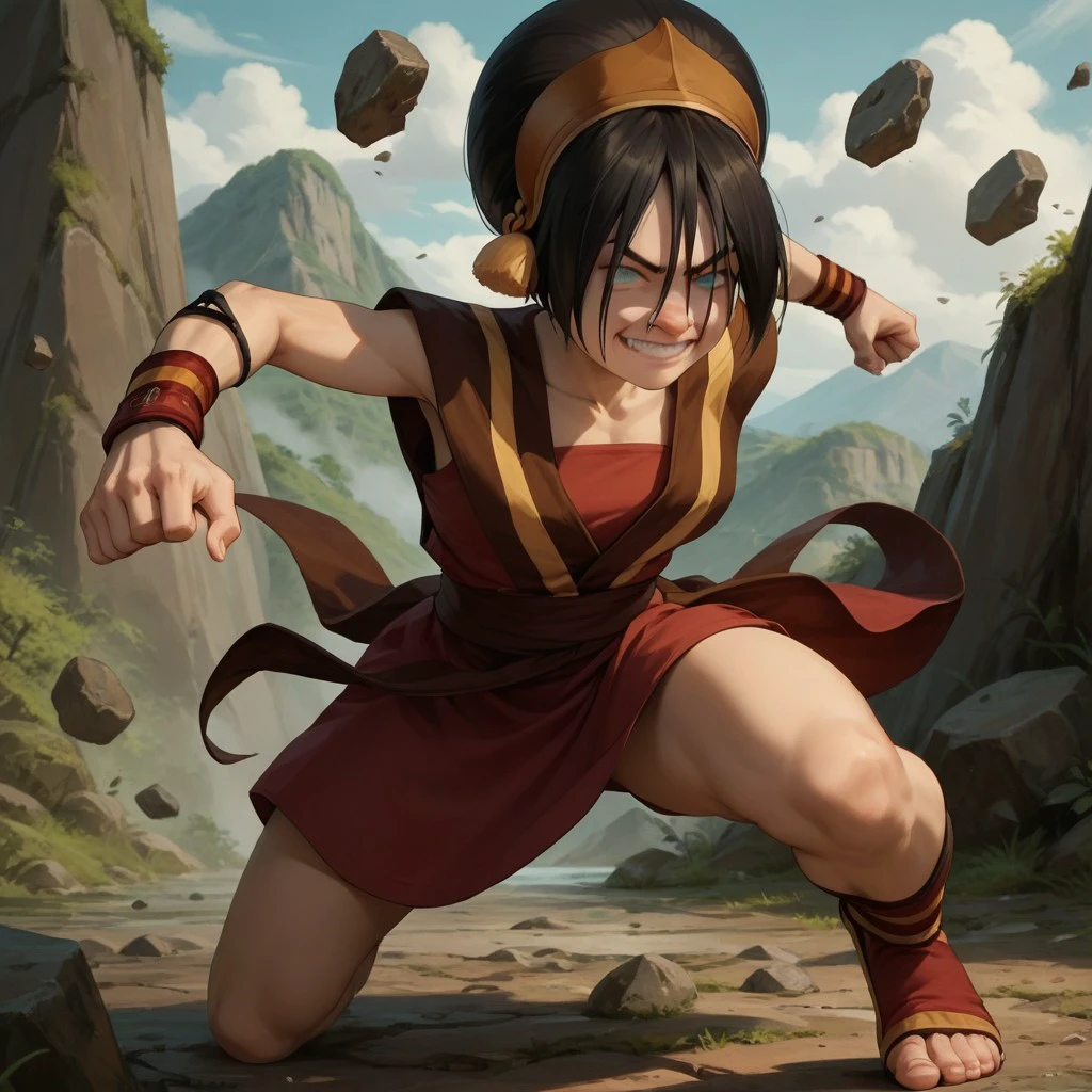 score_9, score_8_up, score_7_up, score_6_up, score_5_up, score_4_up, 1girl, Toph, blind, fighting stance, surrounded by flying rocks, smirk