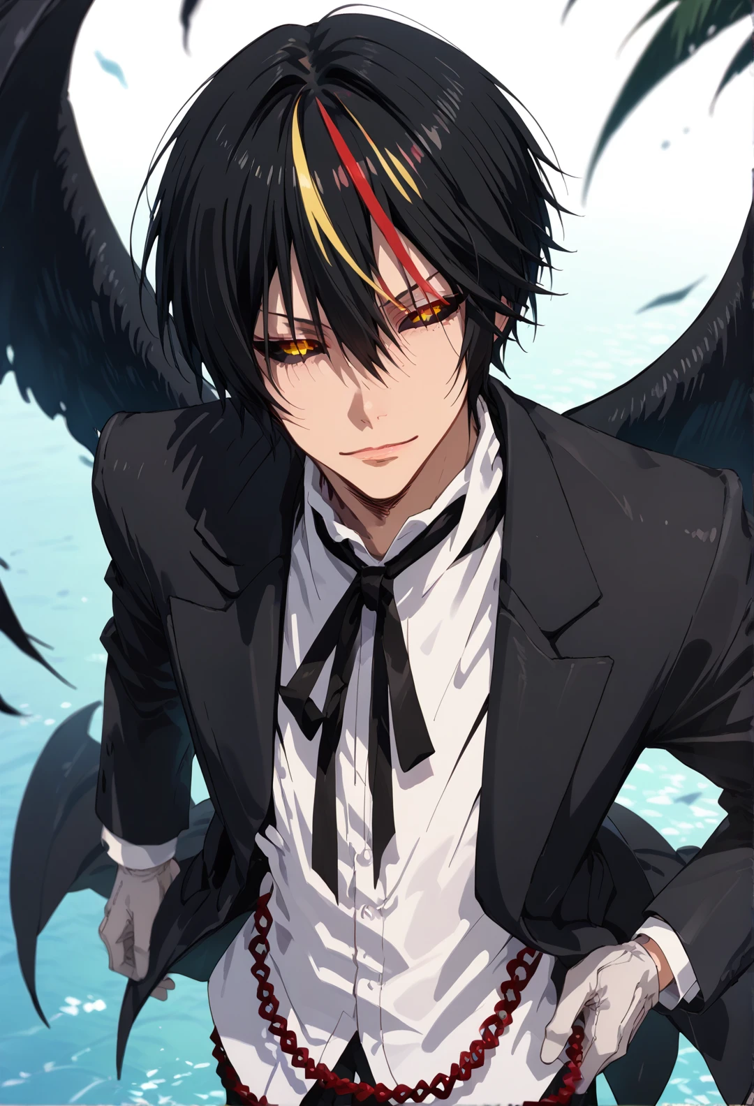 score_9, score_8,  score_7, score_6_up, score_5_up, from above, 1boy, male focus, solo, black hair, streaked hair, black sclera, multicolored hair, formal, suit, red hair, blonde hair, looking at viewer, hair between eyes, shirt, necktie, white shirt, collared shirt, yellow eyes, black jacket, slit pupils, chain, gloves, pants, white gloves, wings, detailed eyes, (close portrait, face focus).
<lora:Sinozick_Style_XL_Pony:0.2>,  <lora:DefaultZ17:0.2>,  <lora:style1:0.2>, <lora:flyx3_XL_PONY:0.2> <lora:pixivtext2:0.2>, <lora:K3R4X_Portraits:0.45>, <lora:Noir-Diablo-Pony:1> noirdiablo,