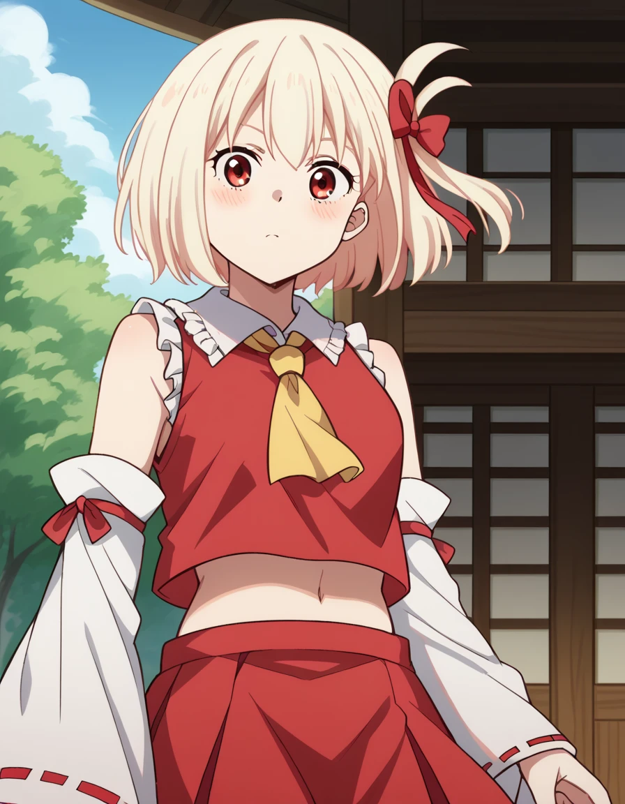 score_9, score_8_up, score_7_up, source_anime, chisatonishikigi, <lora:chisato-nishikigi-s1-ponyxl-lora-nochekaiser:1>, chisato nishikigi, short hair, bangs, blonde hair, red eyes, hair ribbon, one side up, bob cut,, <lora:hakurei-reimu-cosplay-ponyxl-lora-nochekaiser_r1:1>, hakureireimucosplay, hakurei reimu \(cosplay\), ascot, bare shoulders, detached sleeves, frilled bow, frilled shirt collar, frilled skirt, frills, midriff peek, red skirt, red shirt, sleeveless, sleeveless shirt, white sleeves, yellow ascot,, shrine, outdoors, blush,, cowboy shot, dutch angle, solo,