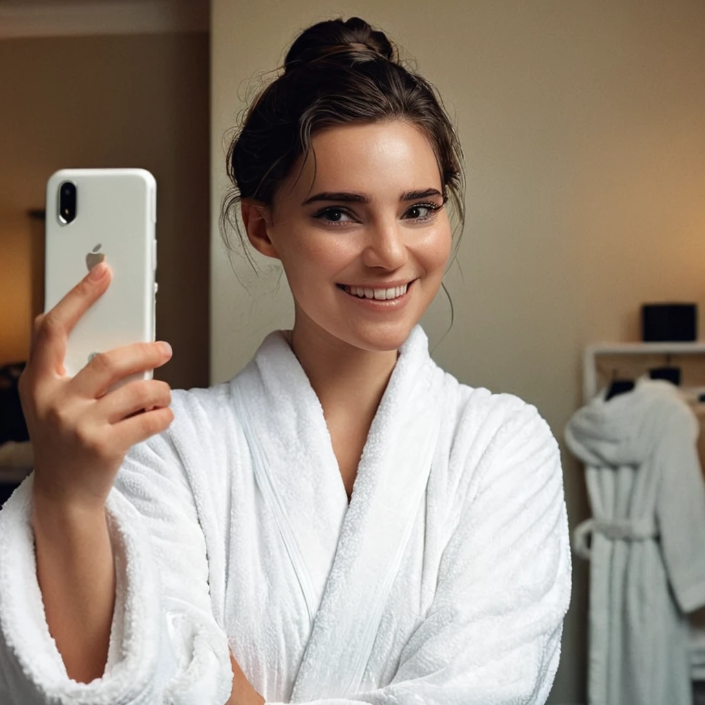 cinematic film still of  <lora:hon3y2:1>
 <lora:detailed_notrigger:0.8>
 <lora:eyetune:0.5>
hon3y2 a smiling woman in a white bathrobe taking a selfie, movie themed, sharp, detailed, epic cinematic style, artistic creative style, dramatic light style, cinematic color style, Kodak film style, hon3y2 style, general, solo, looking at viewer, smile, black hair, 1boy, upper body, male focus, teeth, indoors, signature, hair bun, grin, single hair bun, robe, realistic, selfie, real life insert, black eyes, dated, white robe, wrinkly, shallow depth of field, vignette, highly detailed, high budget, bokeh, cinemascope, moody, epic, gorgeous, film grain, grainy