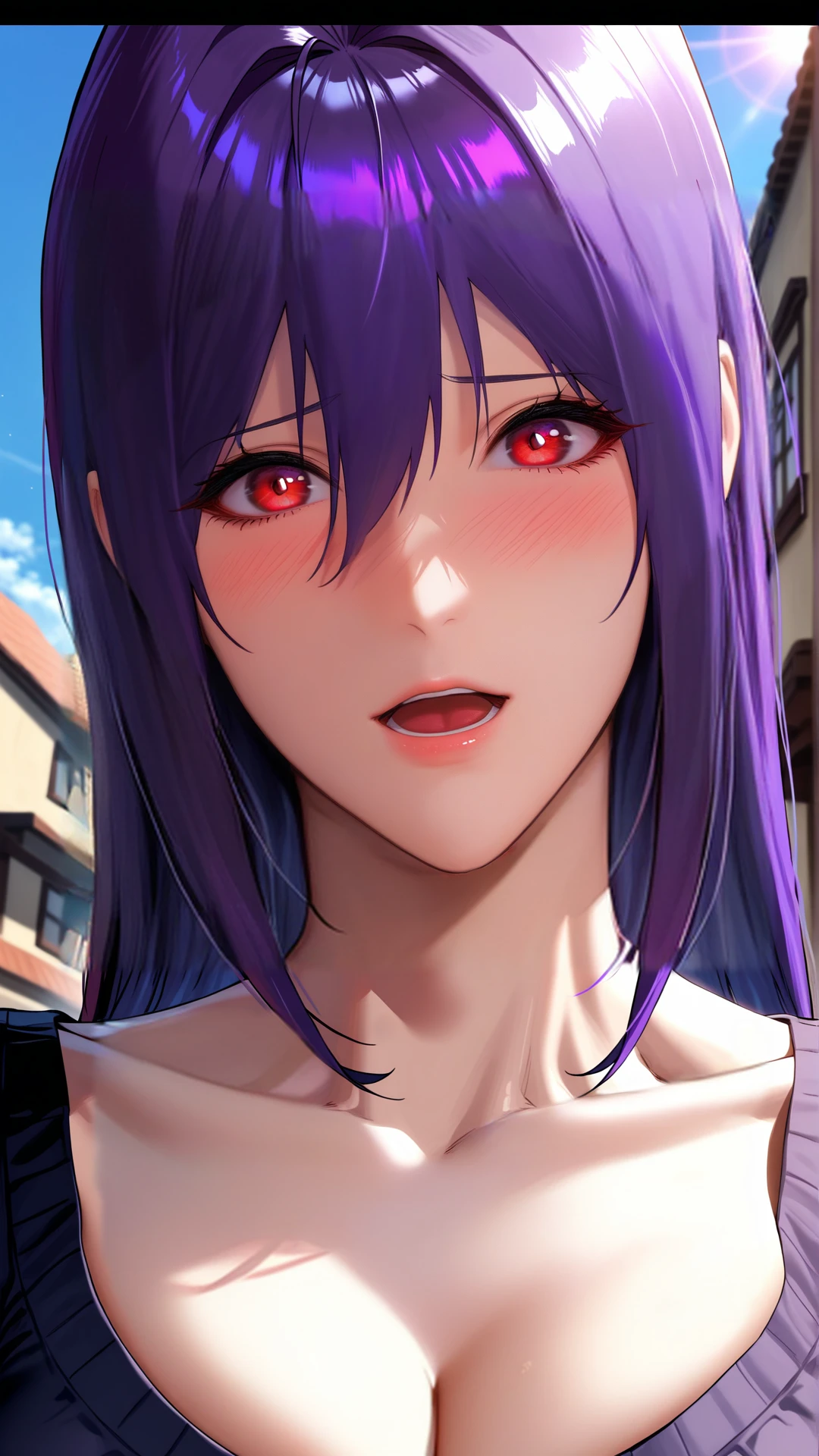 2d, sexy-style, (zPDXL2), (((close up shot))), (((dynamic pose))), (((dynamic angle))), (((sehele style))), webtoon, anime, centered, 1girl, 1woman, embarrassed, open mouth, dark purple hair, red eyes, hiya, vertical pupils, big breasts, solo, blush, long hair, looking at viewer, breasts, collarbone, cleavage, black top, <lora:sd_xl_dpo_lora_v1:1>, <lora:OMG-Is-DucHaiten_v1.0:0.1>, <lora:Seunghee_Lee_Style_PDXL:0.4>, <lora:ManhwaSDXL:1.5>,   <lora:hiyu_Pony_XL:0.8>