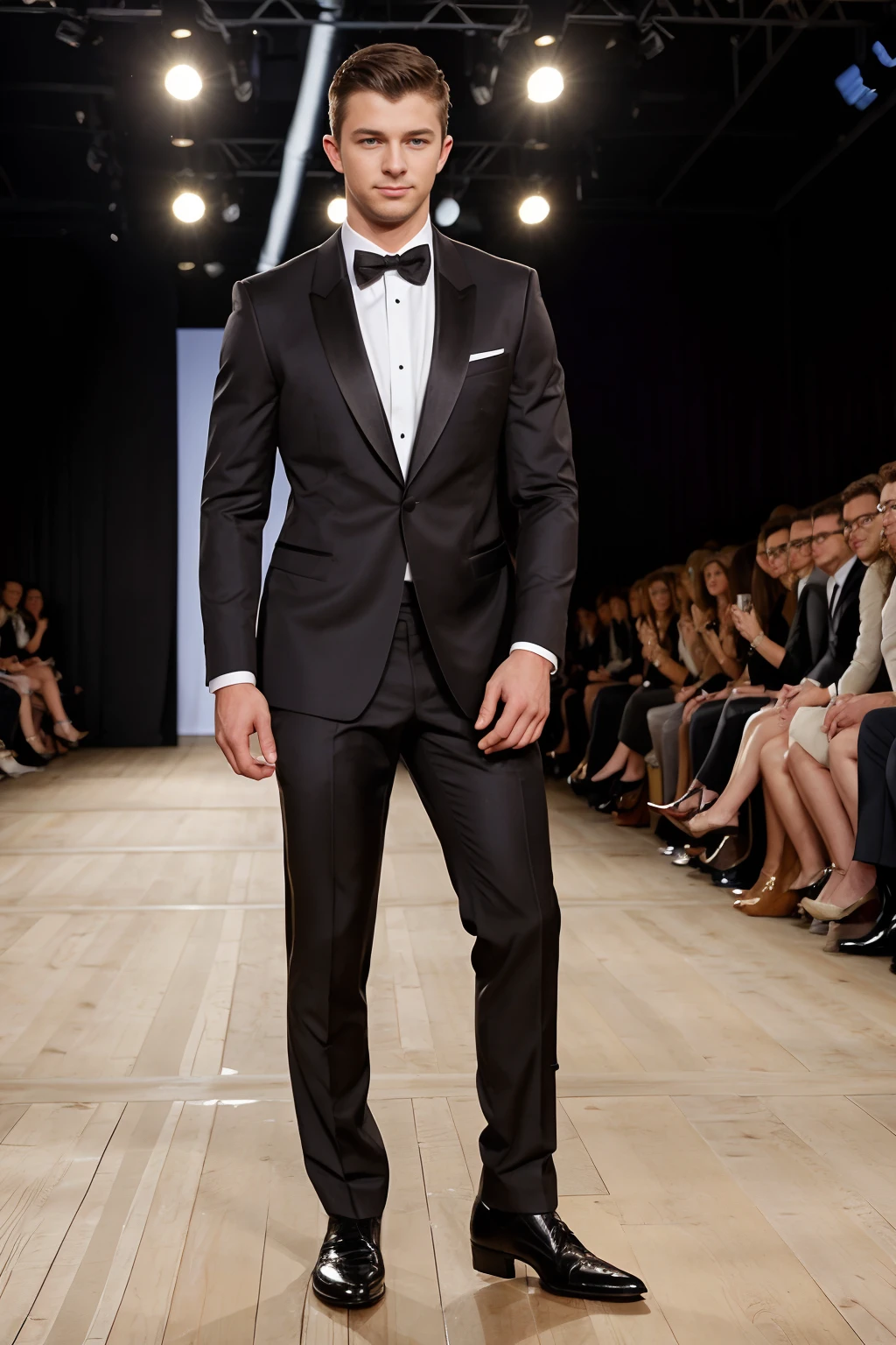 New York fashion show, (walking down fashion runway), suave, handsome, NathanStyles wearing men's formal fashion outfit, tuxedo, seated crowd of people watching, (((full body portrait))), wide angle <lora:NathanStyles:0.8>