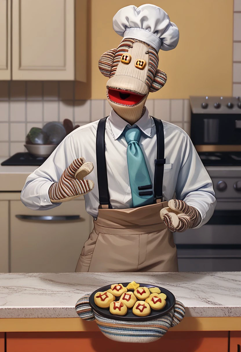 hatsune_miku_\(cosplay\), score_9, score_8_up, score_7_up BREAK Tulio31, 1boy, sockpuppet chimpanzee, yellow button eyes, barefoot, formal suit, tie, white undershirt, beige pants, full body, cooking cupcakes, making sweets, chef hat, happy, smiling, kitchen indoors,