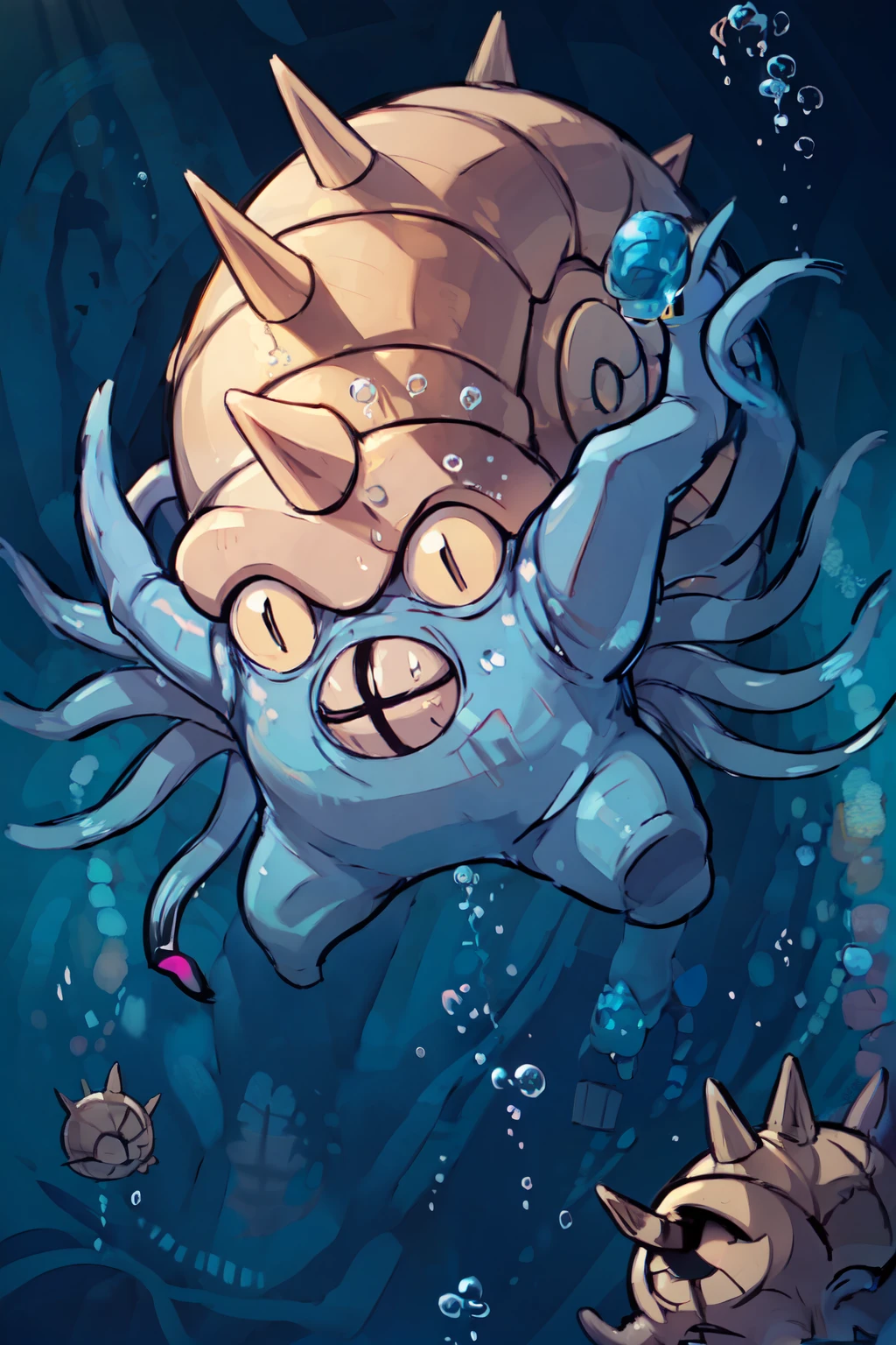 ((masterpiece,best quality)), absurdres,   <lora:OmastarPokemon:0.7>,   zzOmastar, underwater, bubbles, floating, blue background, air bubbles, from below,