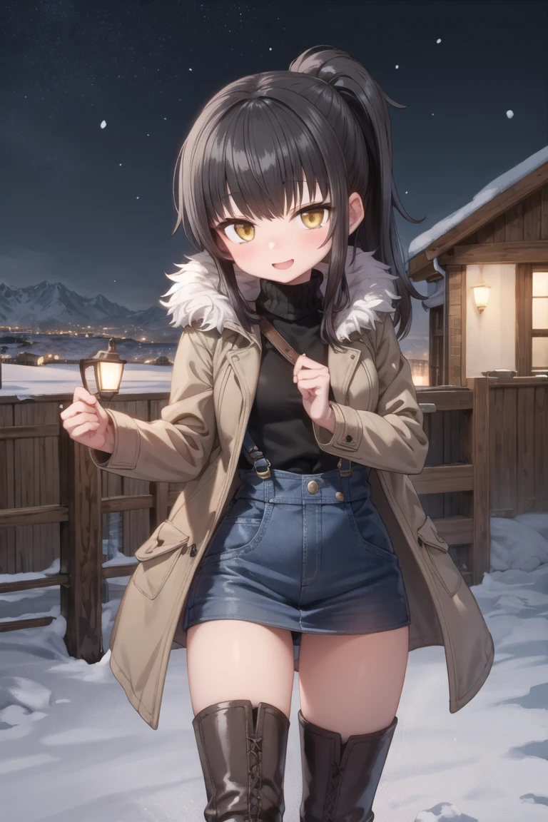 (masterpiece, best quality, beautiful and aesthetic:1.2), 1girl, solo,(soft skin:1.1),standing, cowboy shot,(detailed background), outside, snowstorm in the ice mountains, at dawn, winter clothes, (long overall coat:1.3), turtleneck sweater, (miniskirt:1.3), (long fur leggings:1.3),  (long leather boots:1.3), charming pose, seductive, smiling, yellow eyes, black hair, pony tail, 
<lora:sumiyao-10:0.7:lbw=ALL>