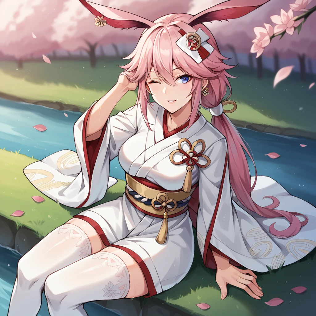 score_9_up, score_8_up, score_7_up, score_6up, source_anime, 1girl, solo, Yae_Sakura, Yae_Wed, masterpiece, best quality, pink petals, sitting on grass, near river, feet in river, wet thighhighs, cheerful smile, parted lips, from above, sun light, wink, hand in hair, long hair, blue eyes, pink hair, hair between eyes, fox ears, yae sakura, hair ornament, ponytail, white kimono, kimono, thighhighs, bridal veil, white thighhighs, ponytail, long sleeves, wide sleeves, wedding dress, bride, dynamic cowboy shot, mature body, outdoors, pink roses, garden background,