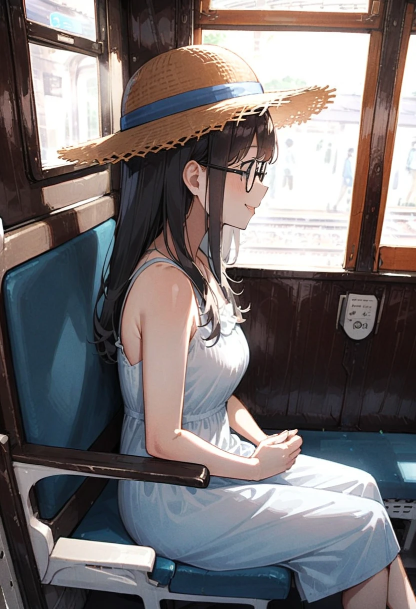 masterpiece, best quality, very aesthetic, absurdres,
1girl, solo, glasses, black hair, long hair, sundress, white dress, straw hat, bag, sitting, smile, looking at another, solo focus, from side,
oha35w, train interior, scenery, chair, sunlight, window, day, indoors,
<lora:oha35w_SDXL_V2:0.8>