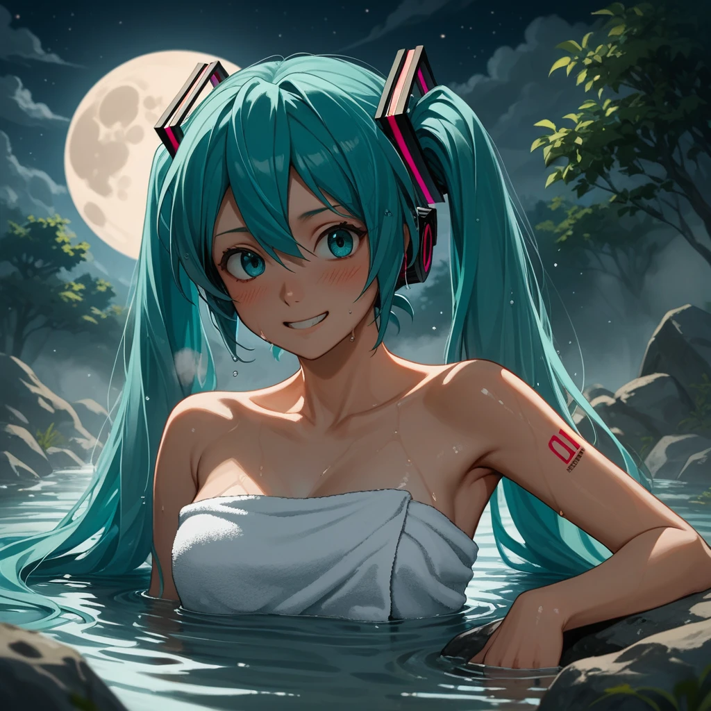 source_anime, ((score_9)),score_8_up,score_7_up,score_6_up,score_5_up,score_4_up, 1woman, (Masterpiece), (best quality), absurdres, steamyonsen, hatsune_miku, BREAK,  (hatsune miku:1.2), streaked hair, human, smooth skin, (soak:1.5) hot spa, fantasy, (nature:1.3), (moon:1.5), rock, fog,  girl, smile, towel, flat illustration, close-up, partially_submerged, steam_censor:1.2, convenient_censoring, steam, blush, wet towel, wet_hair, outdoors, steam_censor, naked_towel, nude_cover, masterpiece, best-quality, highest-definition, ultra-detailed, high-resolution, intricate,