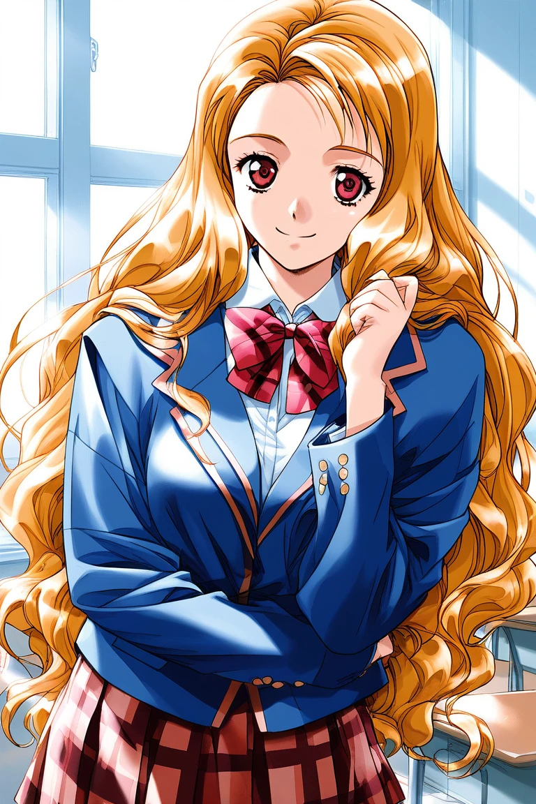 score_9, score_8_up, score_7_up, source_anime, rating_explicit, BREAK  <lora:Maijima_Karen_XL:1>
MaijimaKaren, long hair, blonde hair, breasts, red eyes,very long hair,
 1girl, solo, school uniform, skirt,   plaid, simple background, smile, bow,  long sleeves, plaid skirt, looking at viewer,
school, class room,