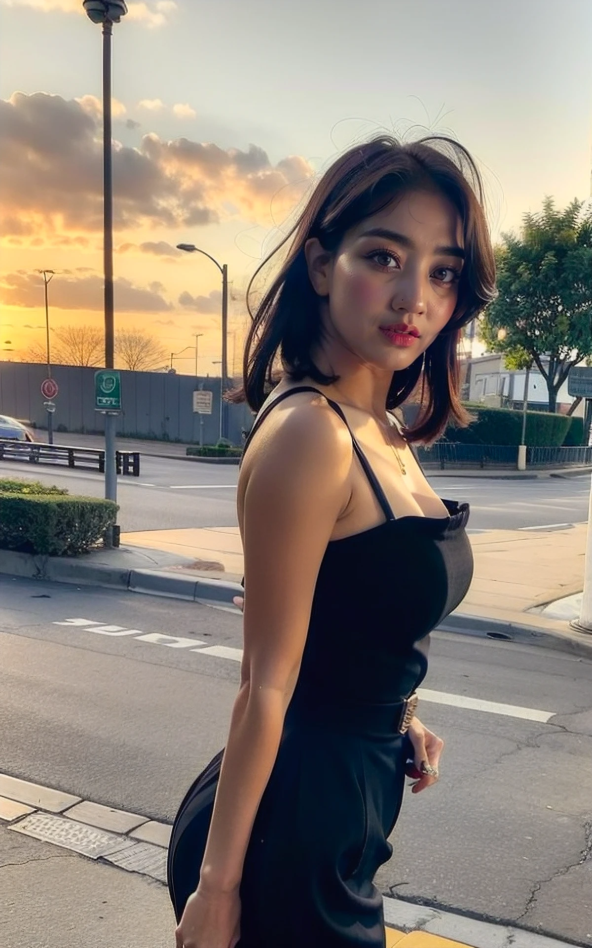 , (realistic), (hyperrealism), (photorealistic:1.4), 1girl, looking at the viewer, eye makeup, detailed eyes, detailed face, (upper body:1.2), detailed background, black dress, walking at the streets, sunset, (windy:1.2) <lora:Jihyo_V1:1> Jihyo_V1,