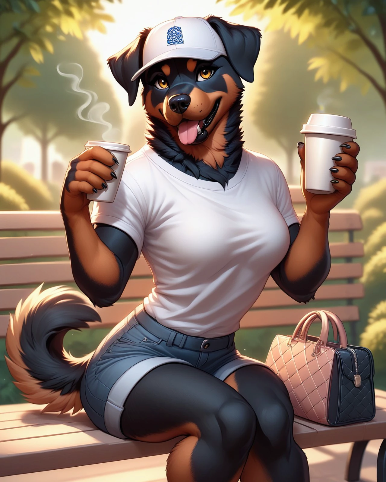 score_9,score_8,score_7,source_furry,
<1girl:1.5>,
<solo:1.5>,
Rottweiler_Anthro, Rottweiler, tail, furry, hat, animal ears, shirt, sitting, cup, bench, dog ears, dog tail, solo, disposable cup, tongue, female focus, blurry background, holding, blurry, baseball cap, coffee cup, outdoors, dog girl, bag, tongue out, tree, breasts,tits,
 <lora:Rottweiler_Pony_SDXL:1> rottweiler_anthro