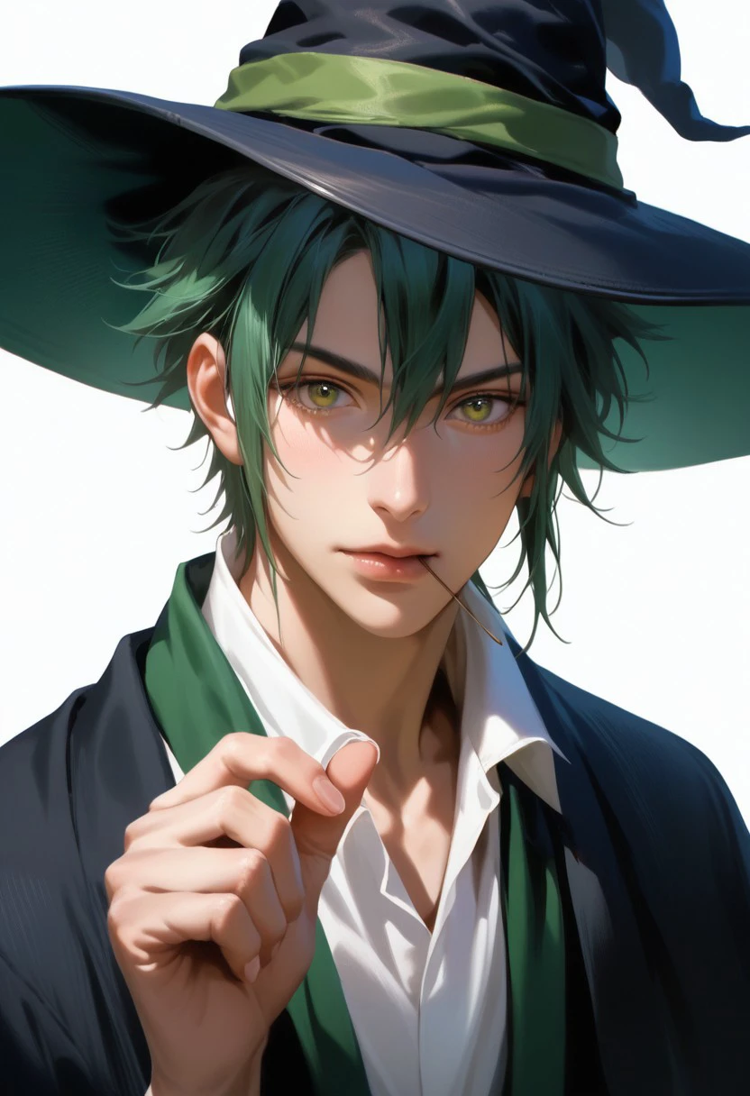 score_9, score_8_up, score_7_up, source_anime, rating_safe, green band on witch hat, Tsunin, 1boy, male focus, toothpick on mouth, hands with five fingers, realistic lighting,