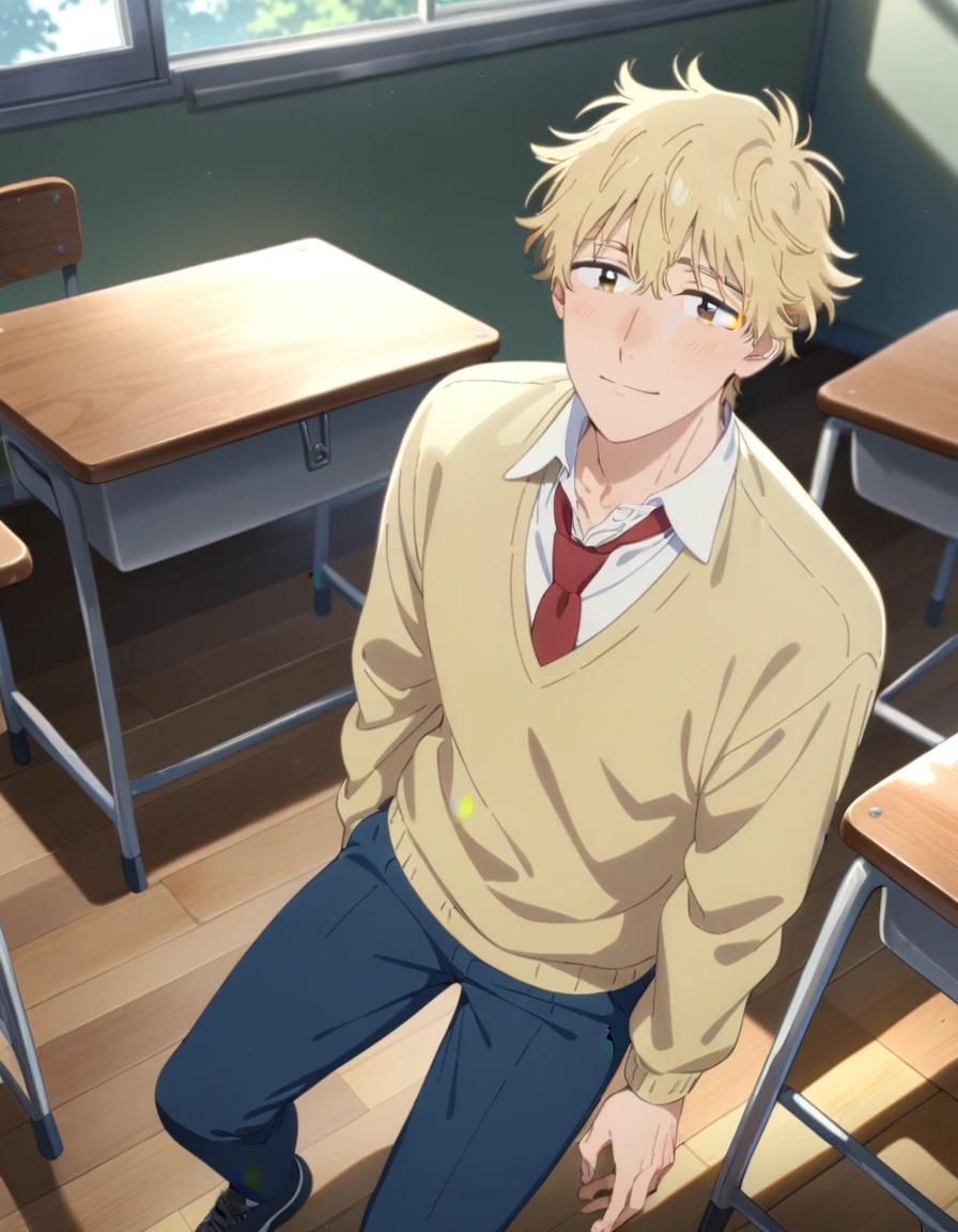 1boy, solo, male focus, full body, shima sousuke, blonde hair, brown eyes, yellow sweater, blue pants, collared shirt, white shirt, red necktie, outdoors, looking at viewer, classroom, school desk, masterpiece, best quality, very aesthetic, absurdres, very detailed, sensitive,