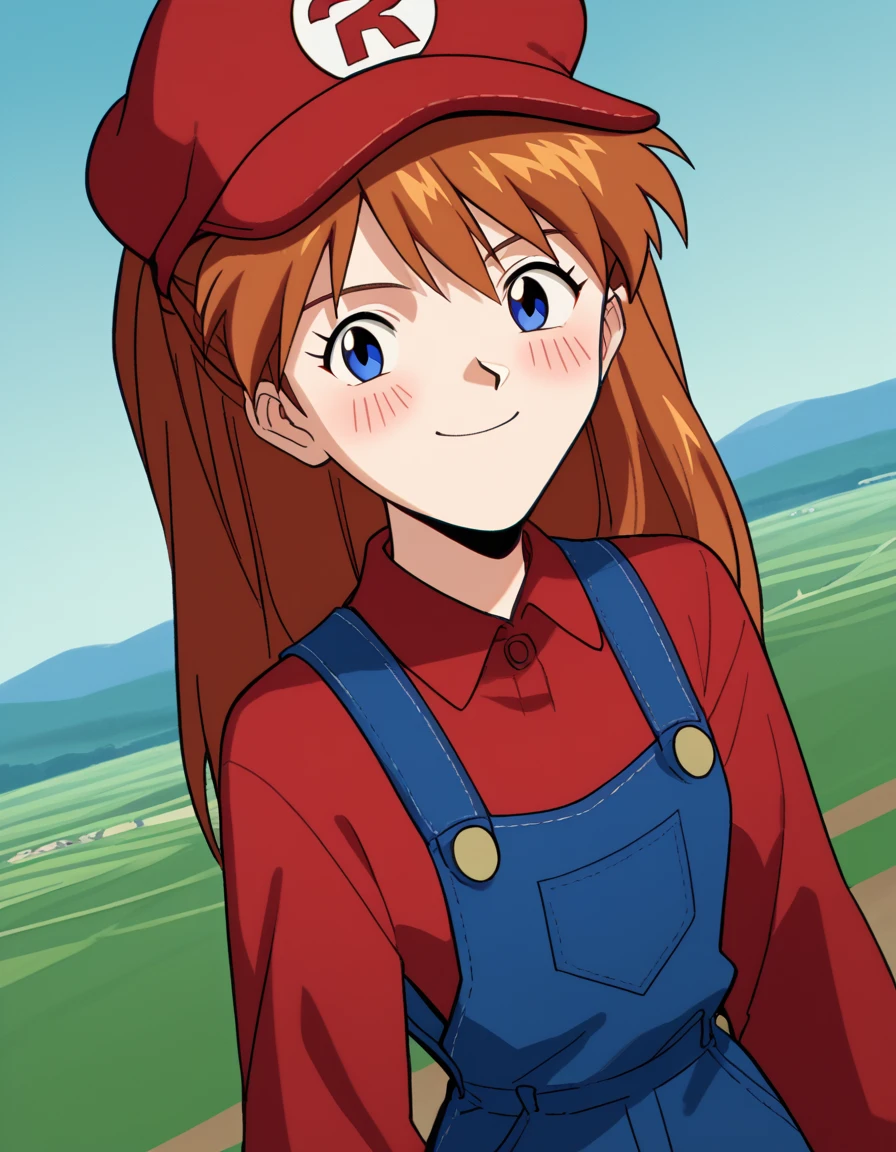 score_9, score_8_up, score_7_up, source_anime, asukalangleysoryu, <lora:asuka-langley-soryuu-classic-ponyxl-lora-nochekaiser:1>, asuka langley soryu, long hair, bangs, blue eyes, brown hair, hair ornament,, <lora:mario-cosplay-ponyxl-lora-nochekaiser:1>, mariocosplay, mario \(cosplay\), blue overalls, overalls, shirt, red shirt, long sleeves, collared shirt, hat, red hat,, landscape, blush, smile,, cowboy shot, dutch angle, solo,