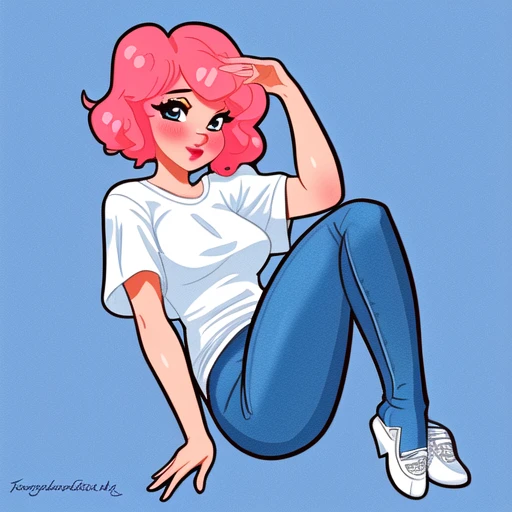 masterpiece, best quality, 1girl, full body, white tshirt, pink hair, blue jeans