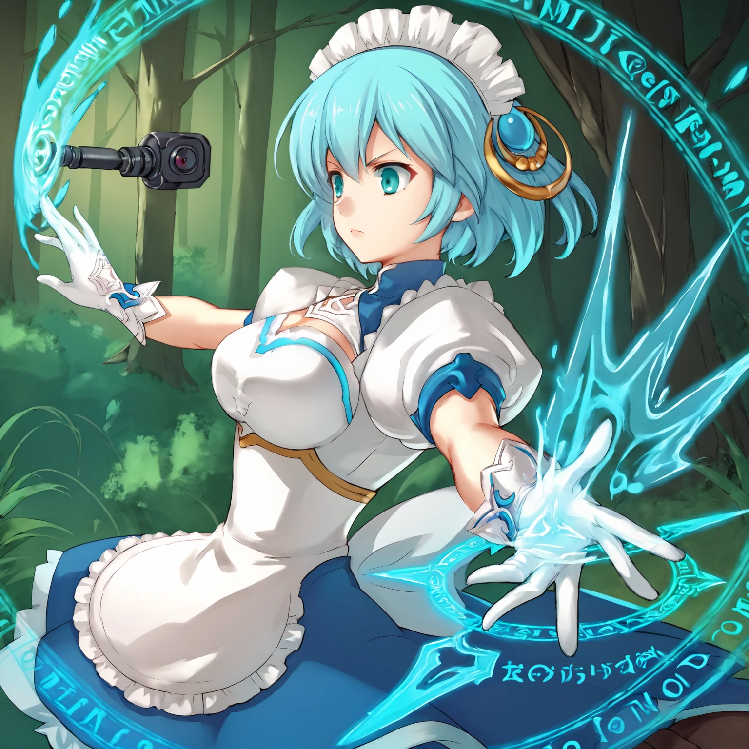 1girl, solo, battle_stance, casting a water spell, magic circle, forest background, from side <lora:WhimXLpony:1> Whim, aqua eyes, aqua hair, short hair, hair ornaments, big breasts, maid apron, blue trim, maid headdress, puffy sleeves, gloves, white socks, brown shoes