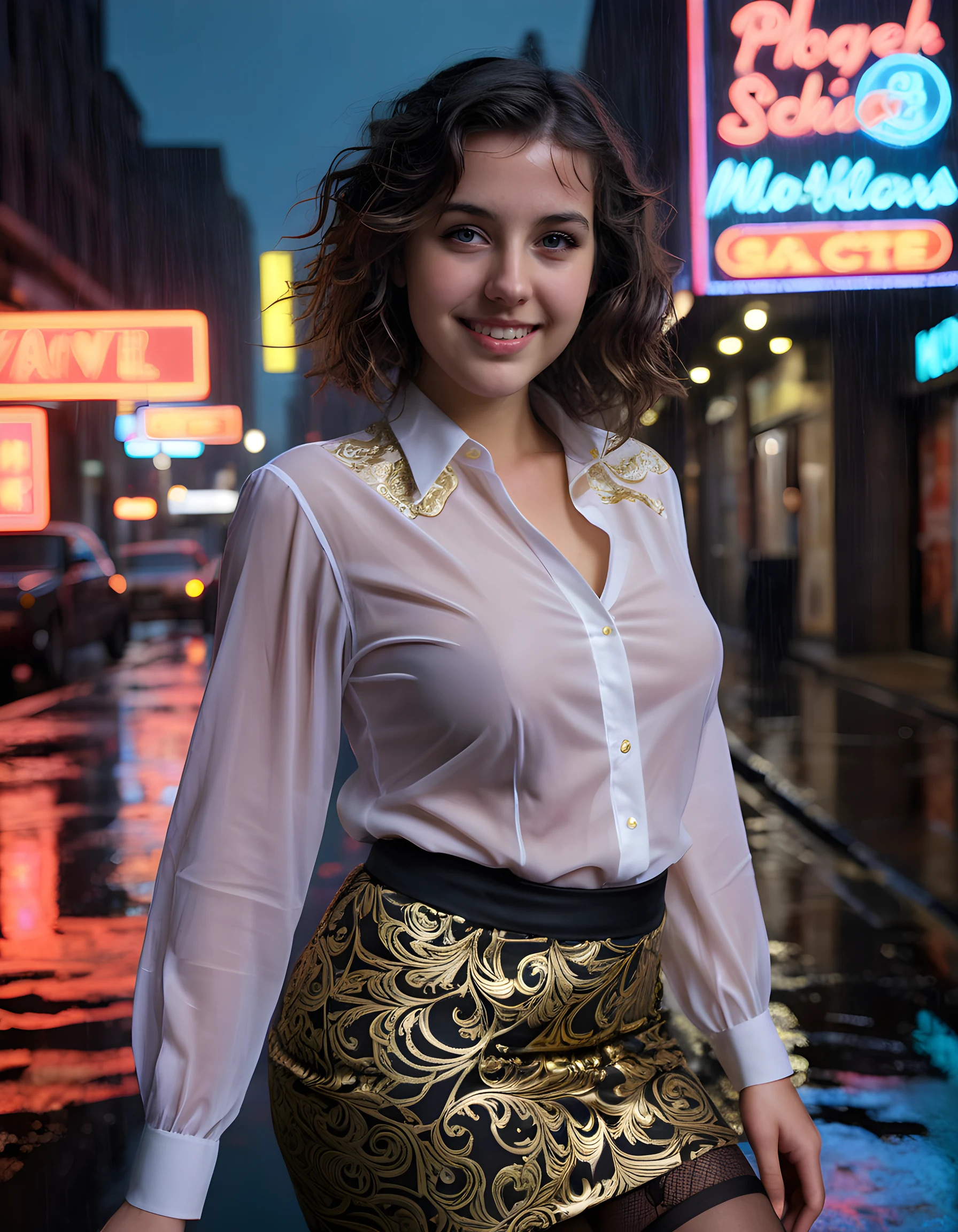 1girl, solo, looking_at_viewer, In a gritty, noir-inspired setting of rain-drenched, neon-lit streets, the camera captures a close-up of Abby Boom, a woman with black, wavy hair cascading down her shoulders and a radiant smile illuminated by the reflected light from a nearby sign. Her striking features are accentuated against the dark backdrop, as she stands alone in a provocative yet tasteful pose, showcasing her voluptuous figure, highlighted by the contrasting white blouse adorned with intricate gold patterns and a matching skirt that swirls around her thighs, revealing a hint of black stockings. The emotional tone is one of seductive confidence, as she directly engages the viewer's gaze, challenging them to unravel the mystery behind her allure.