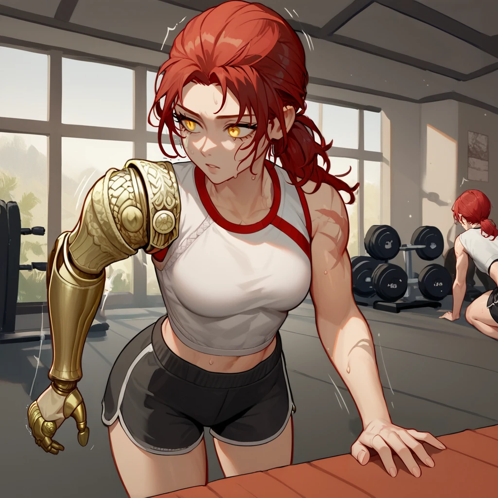 score_9,score_8_up,score_7_up,perfect anatomy,source_anime,
1girl,solo focus,cowboy shot,<lora:Mil (7):1>,millicent (elden ring),red hair,yellow eyes,ponytail,scar,prosthetic arm,gym shirt,gym shorts,indoors,gym,push ups,exercise,sweat,shaking,