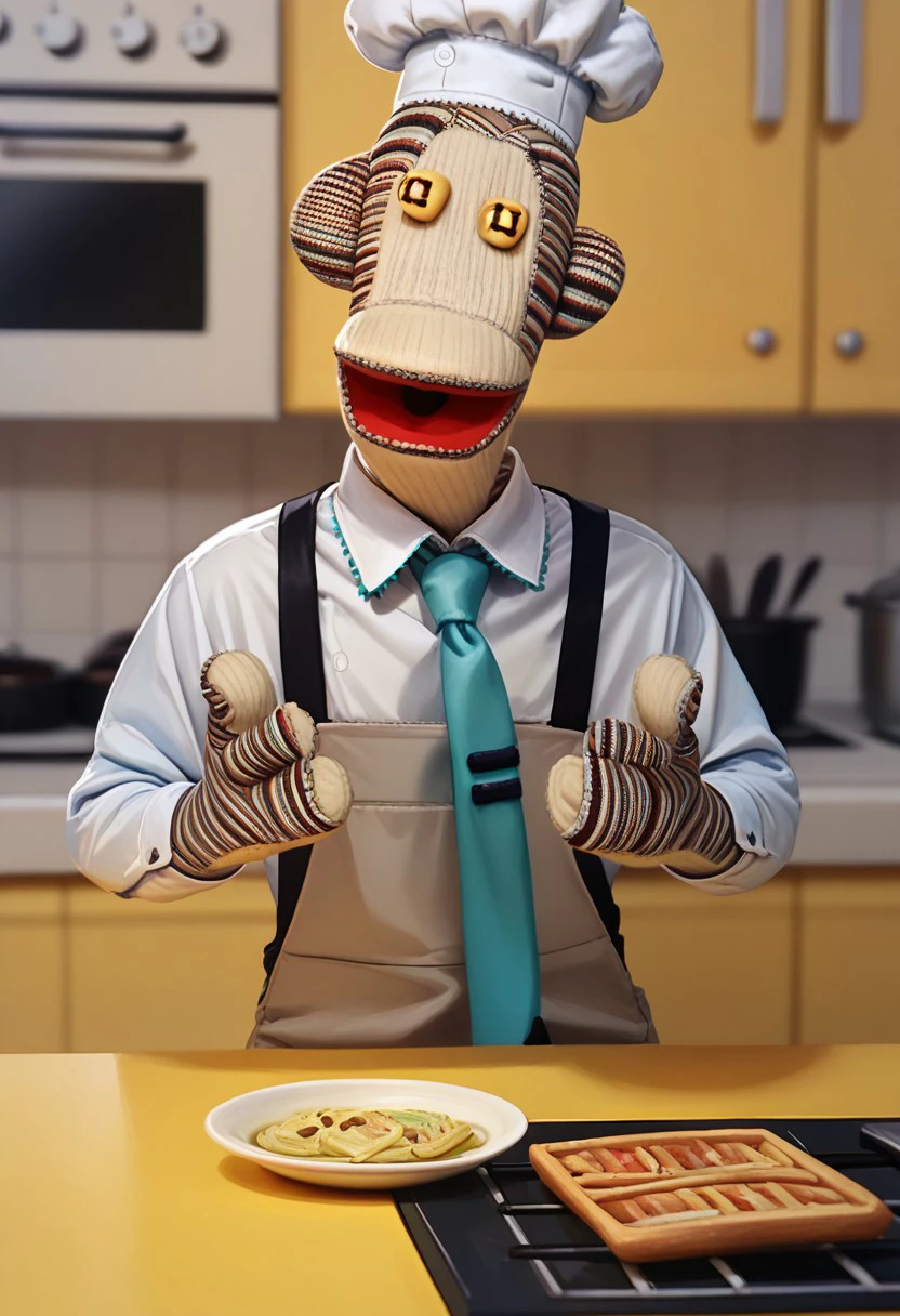 hatsune_miku_\(cosplay\), score_9, score_8_up, score_7_up BREAK Tulio31, 1boy, sockpuppet chimpanzee, yellow button eyes, barefoot, formal suit, tie, white undershirt, beige pants, full body, cooking cupcakes, making sweets, chef hat, happy, smiling, kitchen indoors,