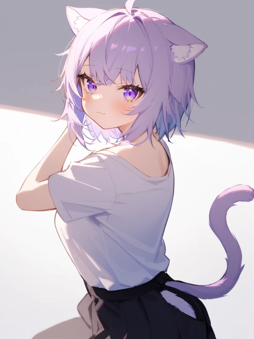 1girl,
nekomata okayu, hololive,
solo, full shot, purple hair, shirt, virtual youtuber, purple eyes, animal ears, blush, alternate costume, cat ears, looking at viewer, white shirt, cat tail, cat girl, tail,
safe