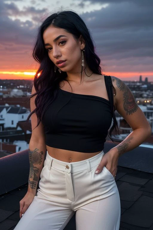 DEN_kattdumont_OF,
((cityscape:1.2) scene posing on the (rooftops:1.2) at (sunset:1.2) wearing clothes, wearing trousers and a top, (plain top:1.2), (top:1.2), (trousers:1.2), (cityscape:1.2), (night time sunset sky:1.3), (dark:1.1), (evening:1.2), vibrant sky colours:1.2),
bokeh, f1.4, 40mm, photorealistic, raw, 8k, textured skin, skin pores, intricate details <lora:epi_noiseoffset2:1>, epiCRealism