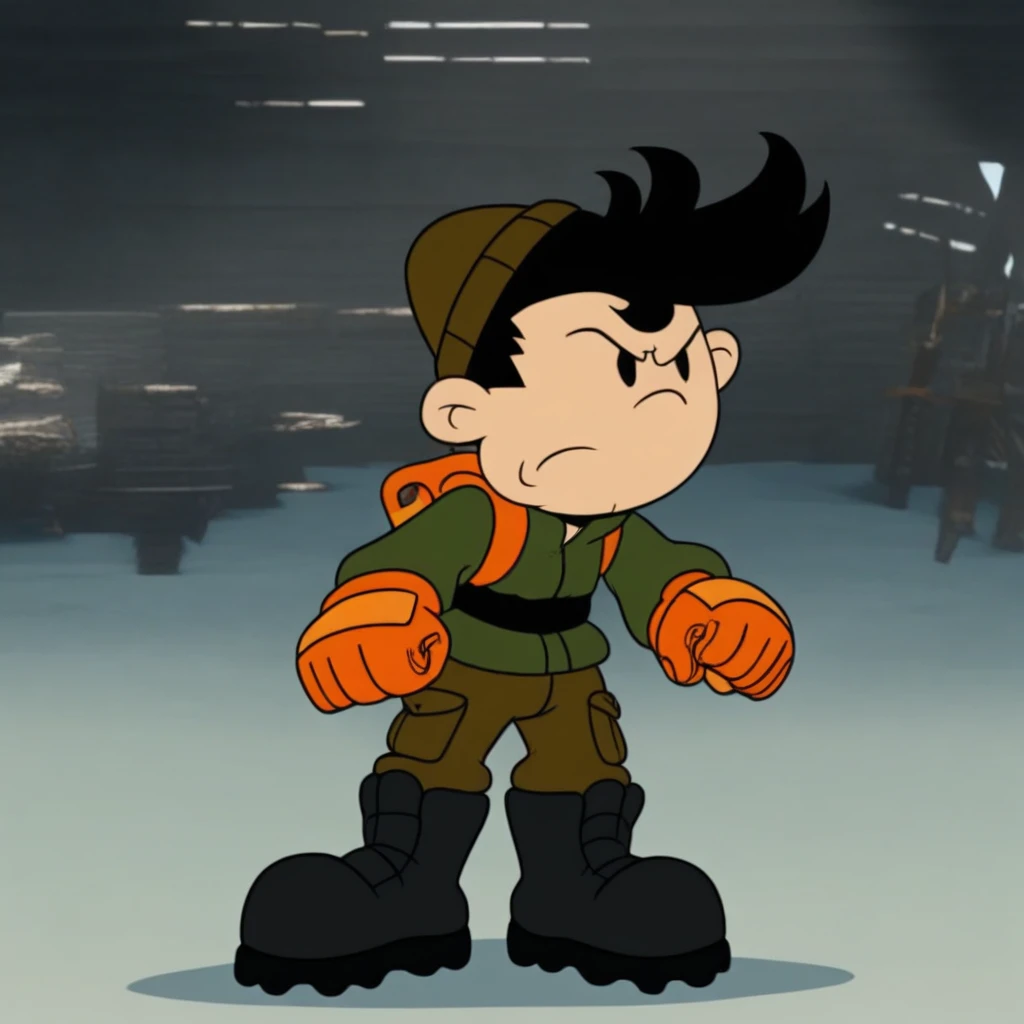 score_9, solo, numbuh60, black hair, hat gloves, boots, battlefield