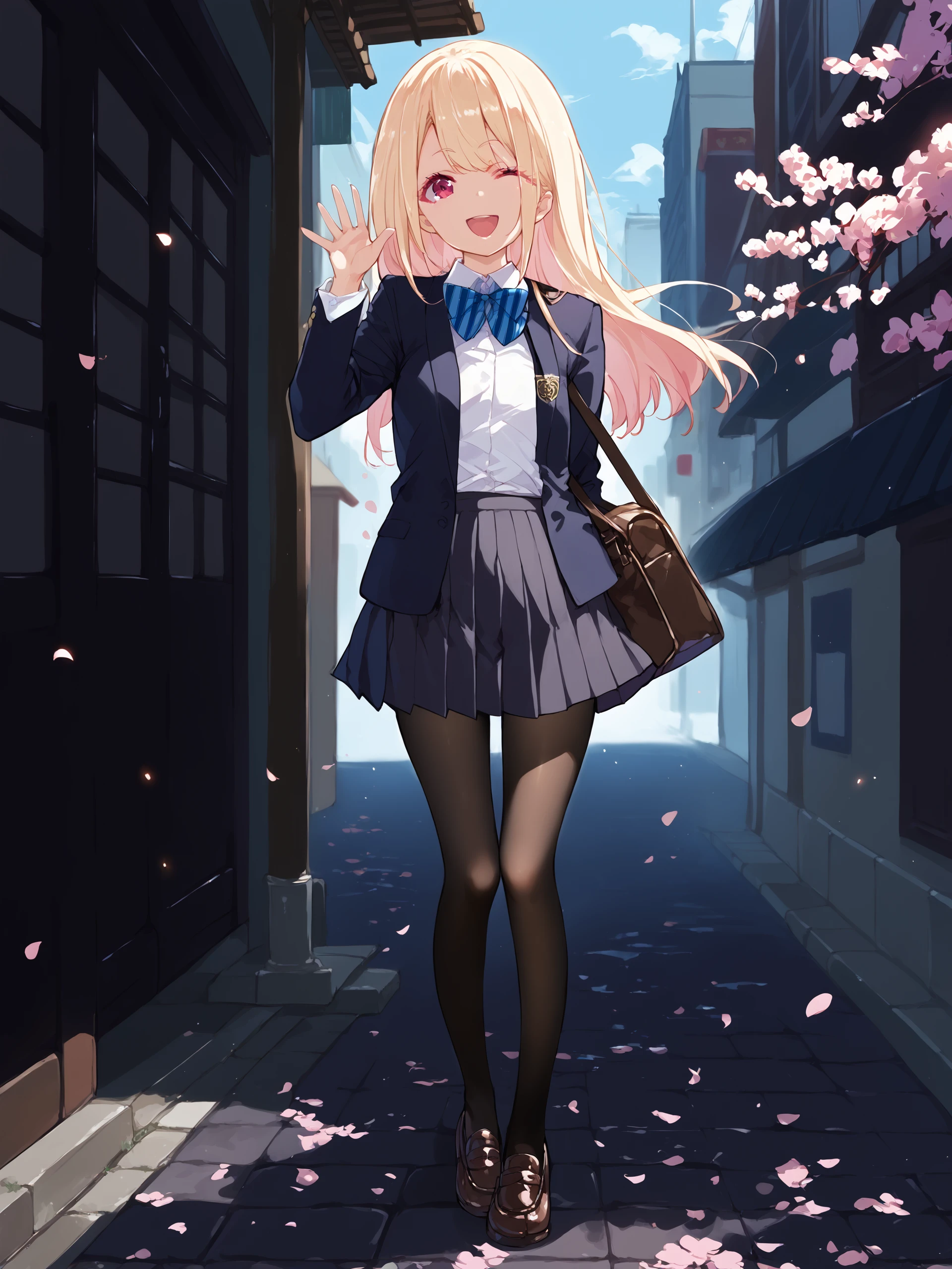 1girl, amane lily, solo, loafers, white shirt, collared shirt, pleated skirt, striped bowtie, blazer, black pantyhose, standing, full body, smile, open mouth,  looking at viewer, waving, outdoors, street, cherry blossoms, petals, depth of field score_9, score_8_up, score_7_up, source_anime,  <lora:Char-AmaneLily-Pony-V1:1> small breasts