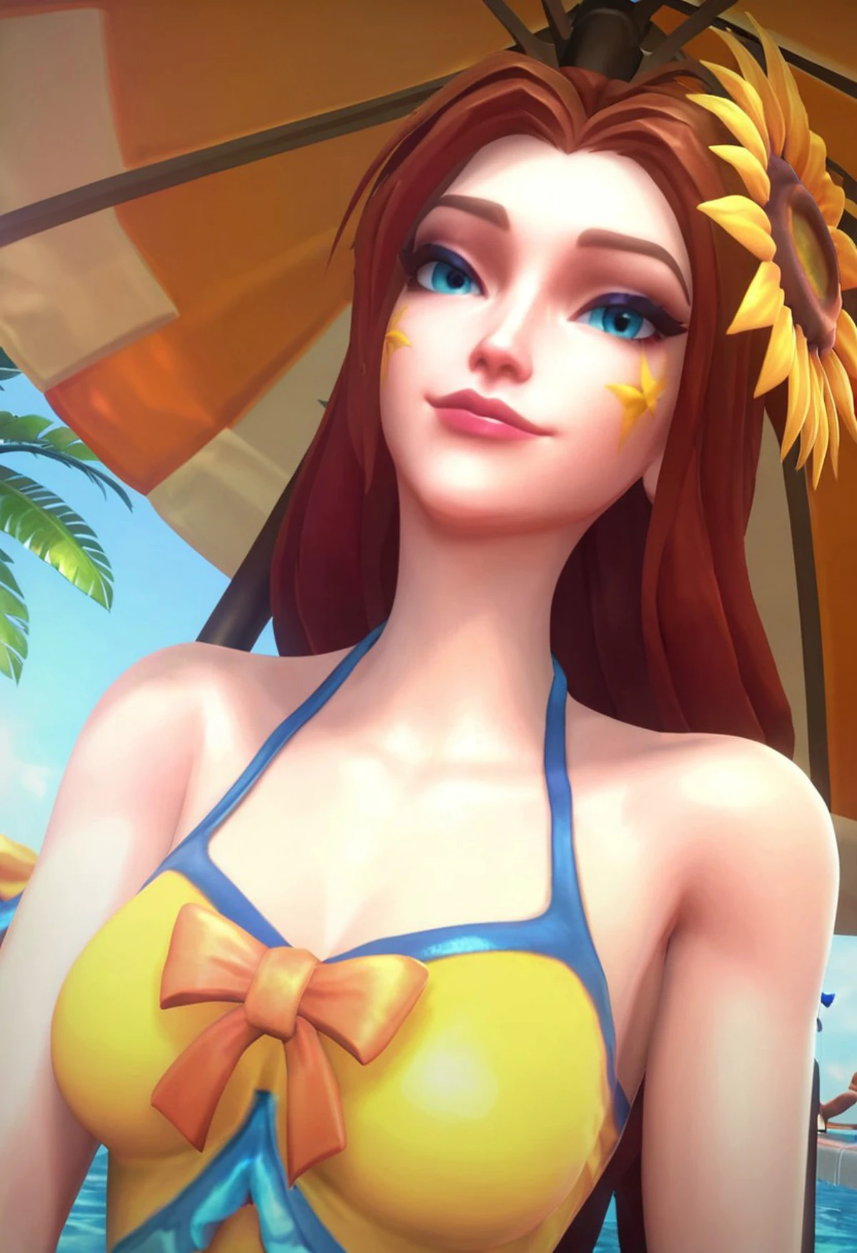 score_9, score_8_up, beautiful face, gorgeous face, cute face, (face focus:1.6), perfect eyes, masterpiece, high detail, (1girl:1.8), (detailed face:1.8), (close up:1.2),
(light skinned female:1.6), (pale female:1.2), (pool party leona:1.2), (Leona from League of Legends:1.1), brown hair, (straight hair:1.4), long hair, ((sunflower in hair)), smiling,
3d, beach, yellow swimsuit, clothed,