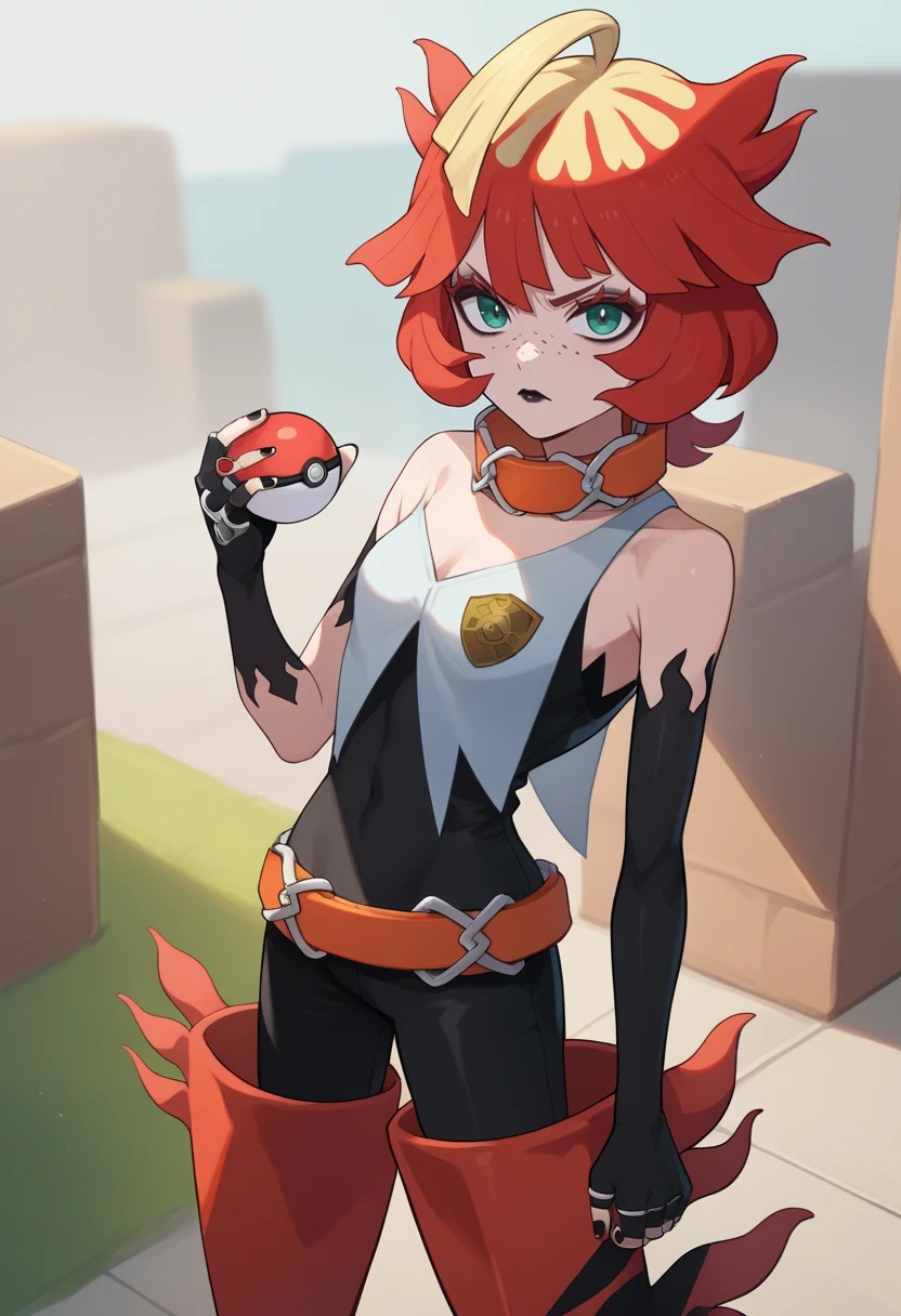 score_9, score_8_up, score_7_up, source_anime, solo, 1girl, pokemonmela, freckles, makeup, black lips, serious, looking at viewer, standing, holding poke ball \(basic\), ahoge, eyelashes, black bodysuit, orange belt, black gloves, elbow gloves, fingerless gloves, red footwear, thigh boots, orange collar, black nails, bare shoulders, outdoors <lora:pokemon_mela_ponyXL-000008:1>