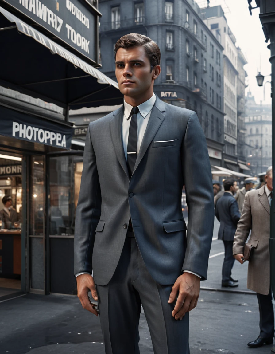 60slora, 1man, standing in city,Photorealistic, Ultra-high detail, lifelike textures, realistic lighting, high-resolution